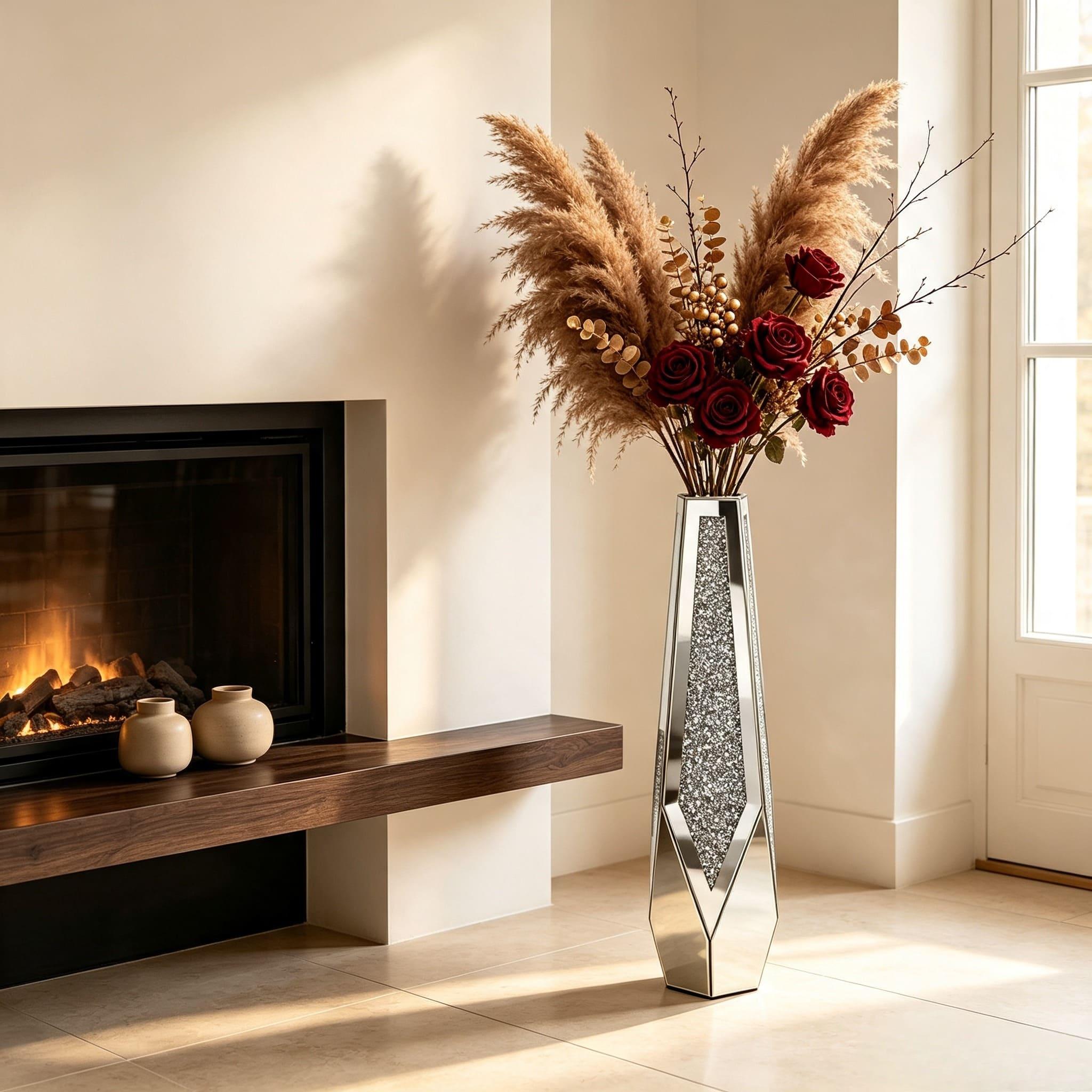 85.5cm Tall Mirror Floor Vase With Crushed Diamond Decor For Hall, Living Room, Salon, Holiday Apartment, Does Not
