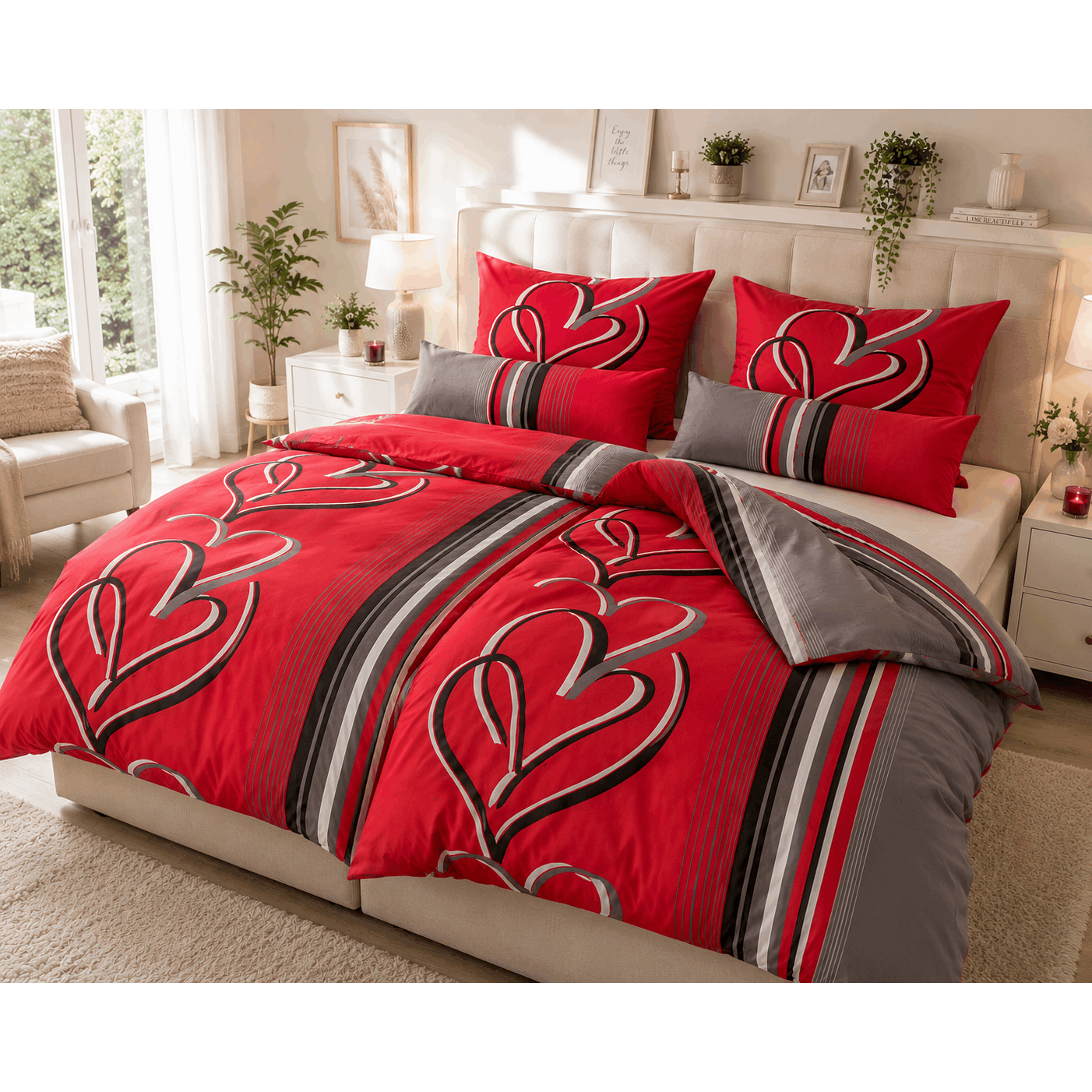 Bedding Set 135x200 Hearts – 2-piece Reversible Bedding With 40x80 Cm Pillowcase And Button Closure