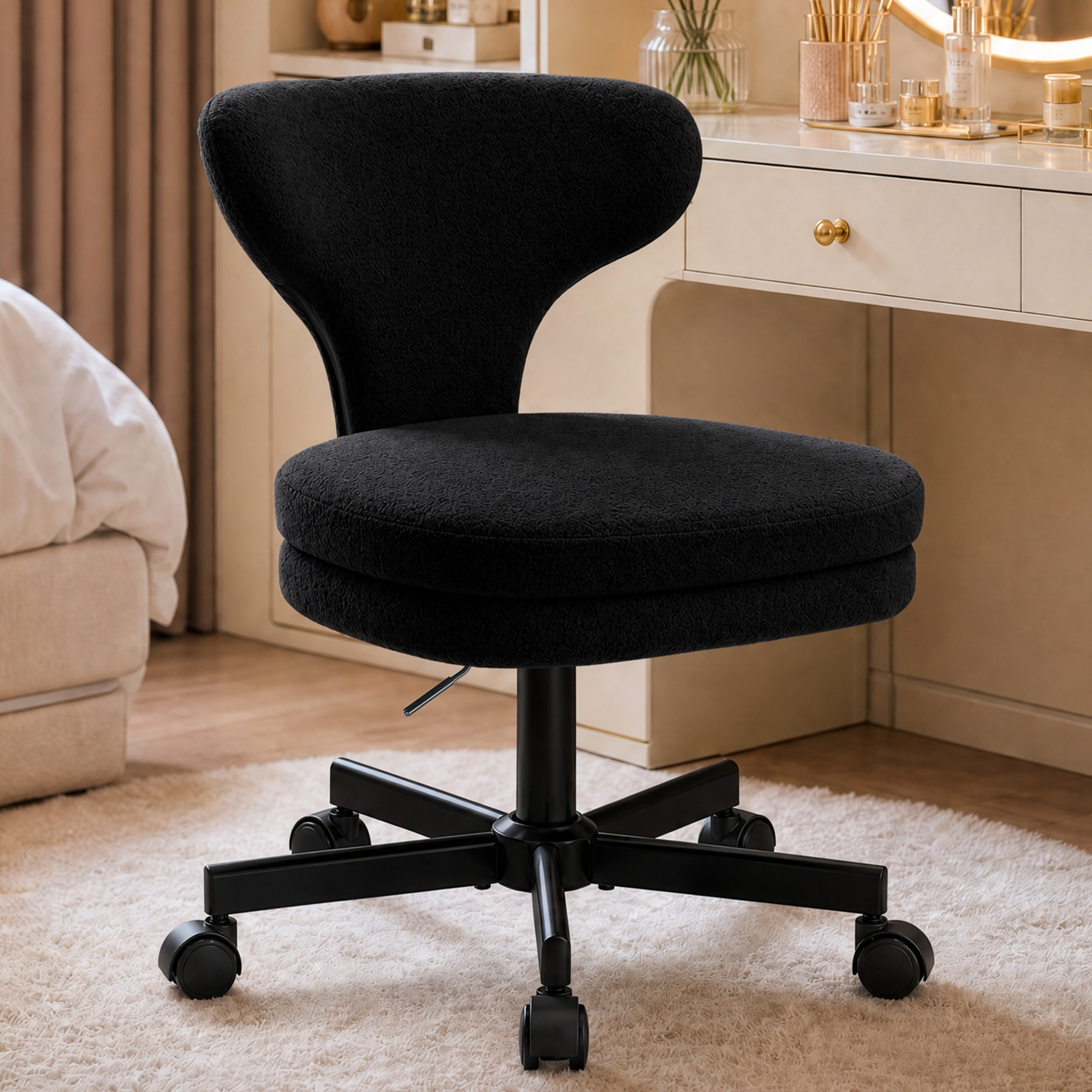 Image of Luckracer Makeup Chair With Wheels, Makeup Chair With Encircling Backrest And Two-layer Seat Cushion, Height-adjustable Swivel Chair, Cute Office Chair For Bedroom, Home Office
