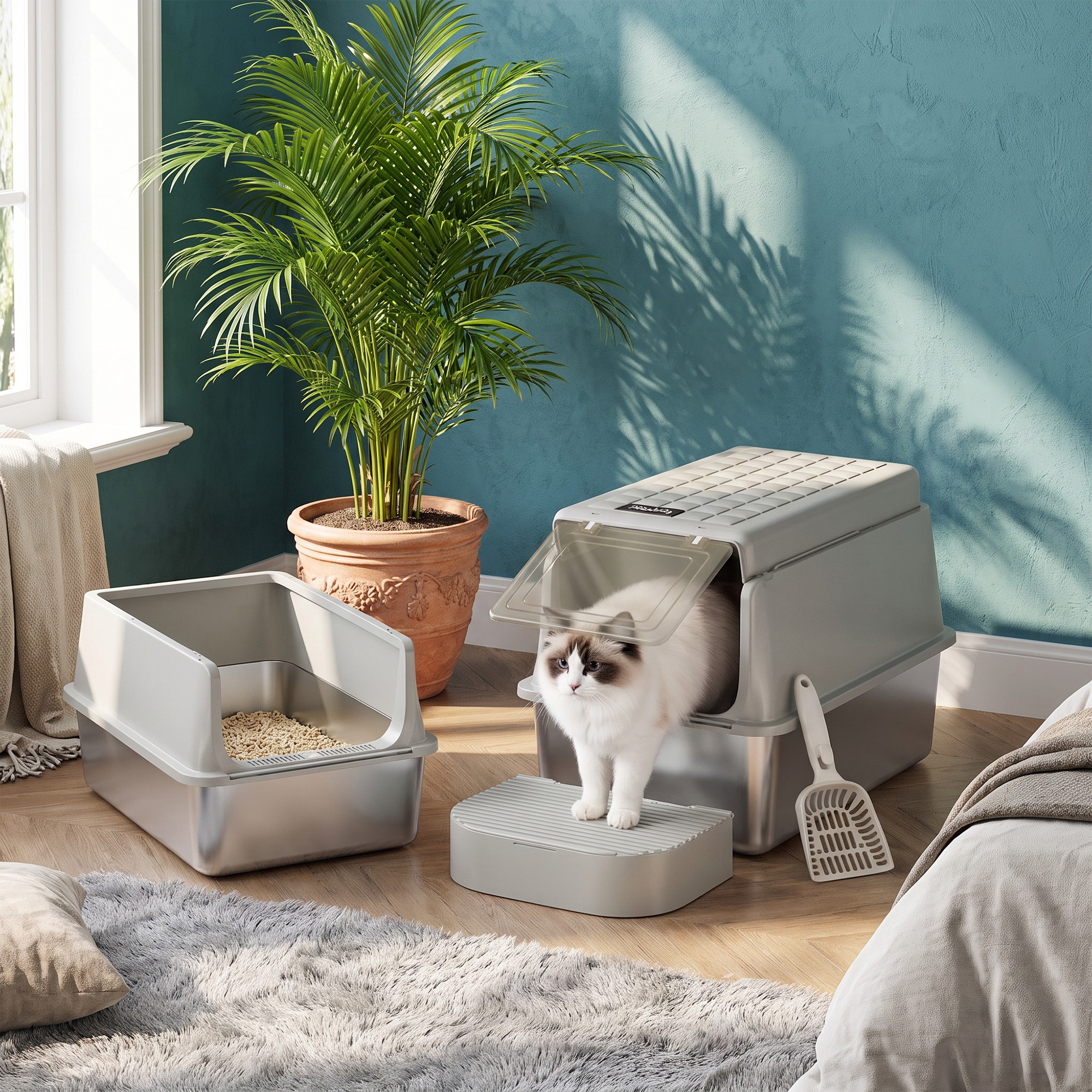 TEMU Roestvrijstalen kattenbak met deksel en verhoogde randen om spatten te voorkomen, een moeiteloze schoonmaakset voor katteneigenaren, lichtgrijs