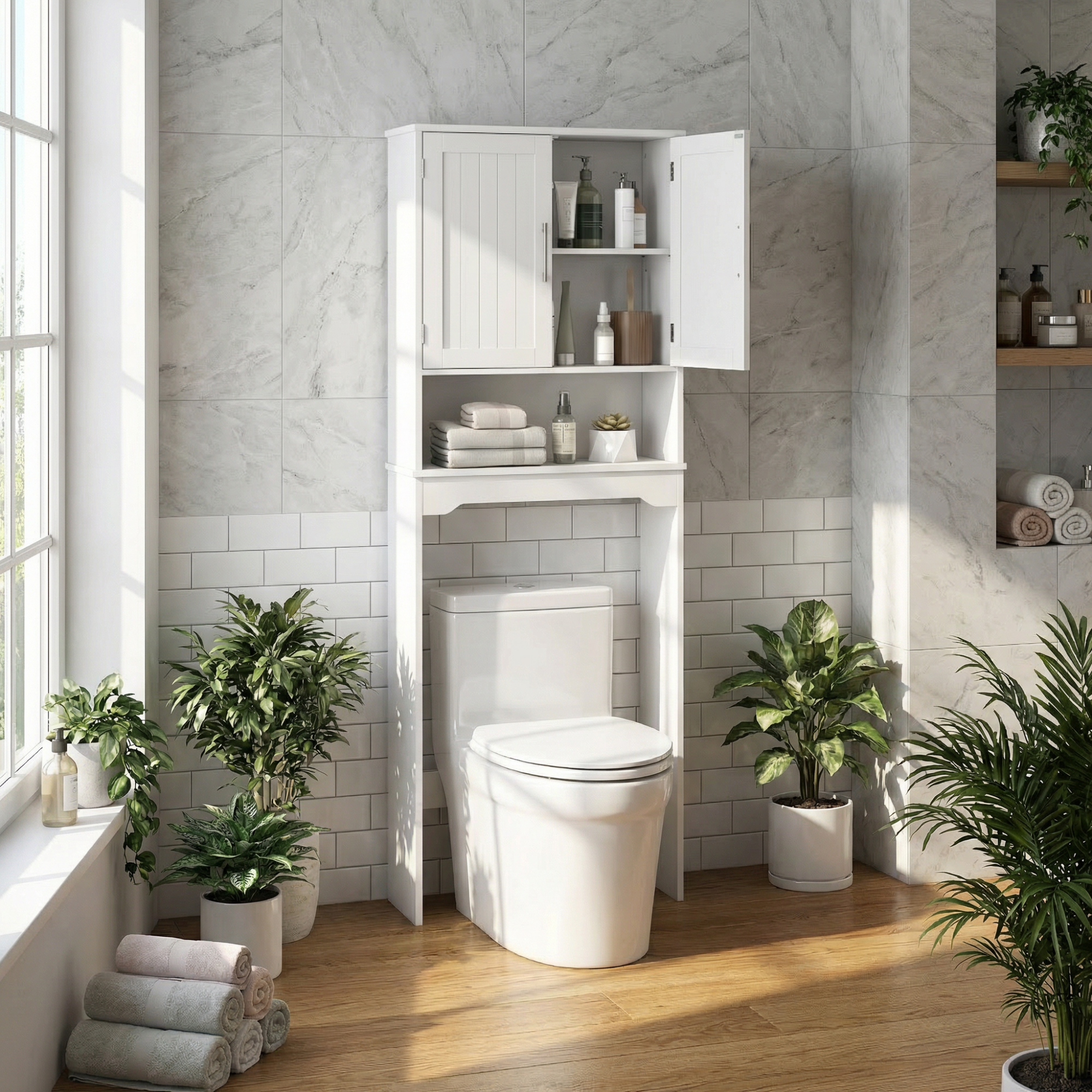 Image of 169 Cm Over The Toilet Storage Cabinet, Freestanding Bathroom Space Saver Organizer With Dual Doors, Adjustable Shelf, Above Toilet Cabinet For Small Bathroom, Laundry