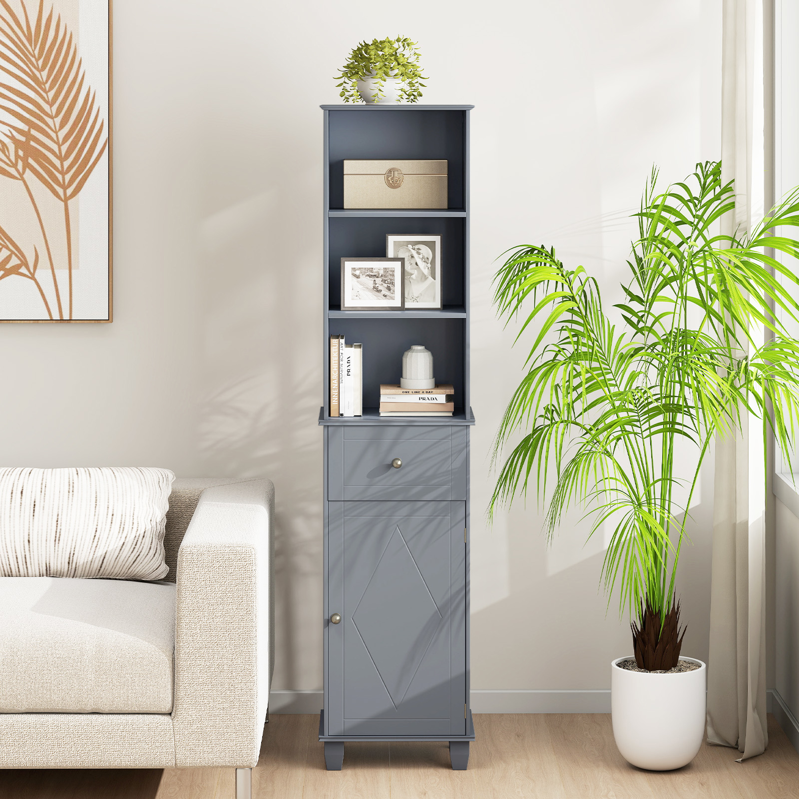 Image of 172 Cm Tall Bathroom Cabinet, Narrow Floor Cabinet W/3 Open Shelves, 1 Drawer, 1 Door & Adjustable Shelf, Freestanding Space- Storage Unit For Kitchen, Living Room, Grey