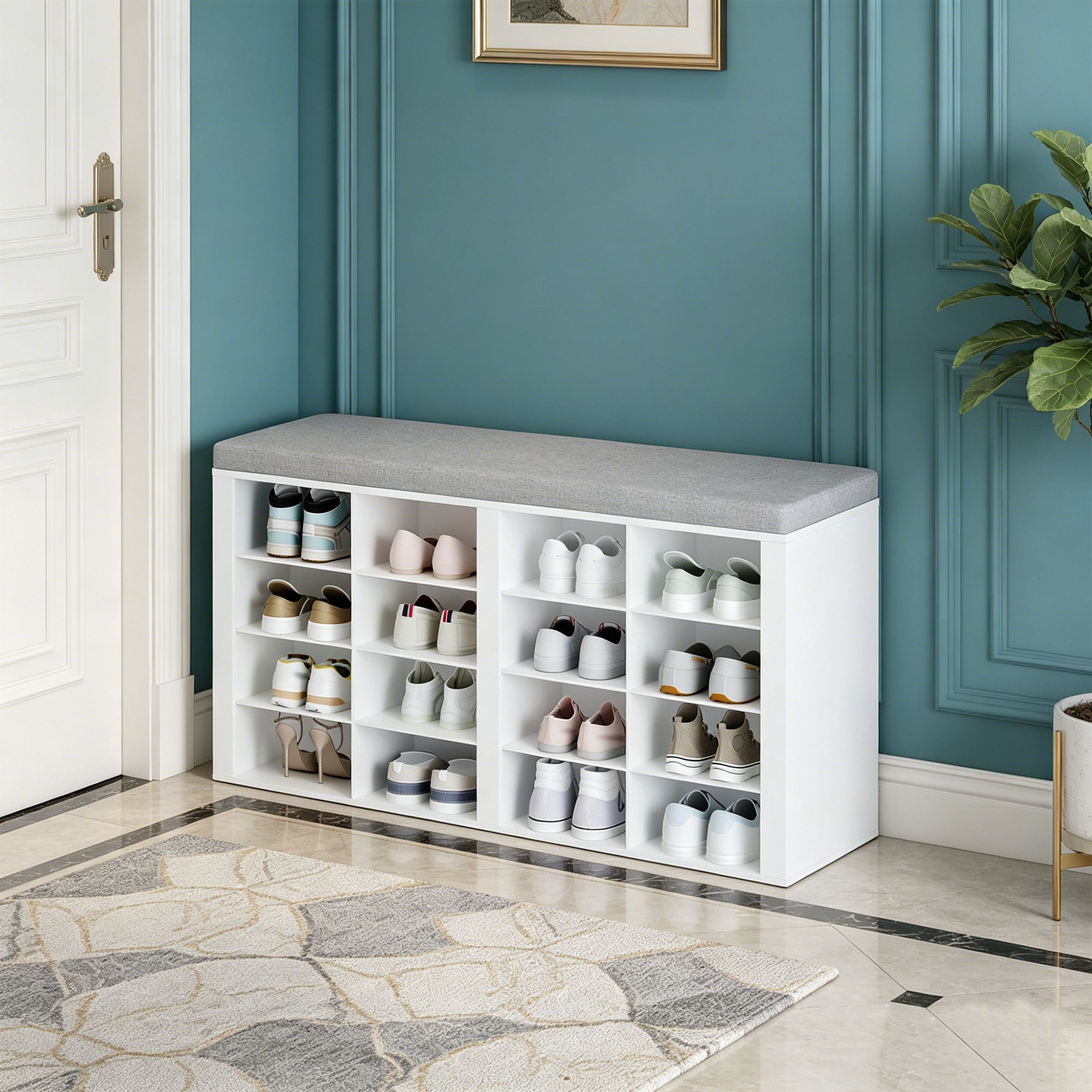 A Modern-style Shoe-changing Stool With A Comfortable 58.5cm Seat Height And A Removable, Washable Cushion. Adjustable Shelves Shoe Types, A Touch Of Neatness And To Your Home.