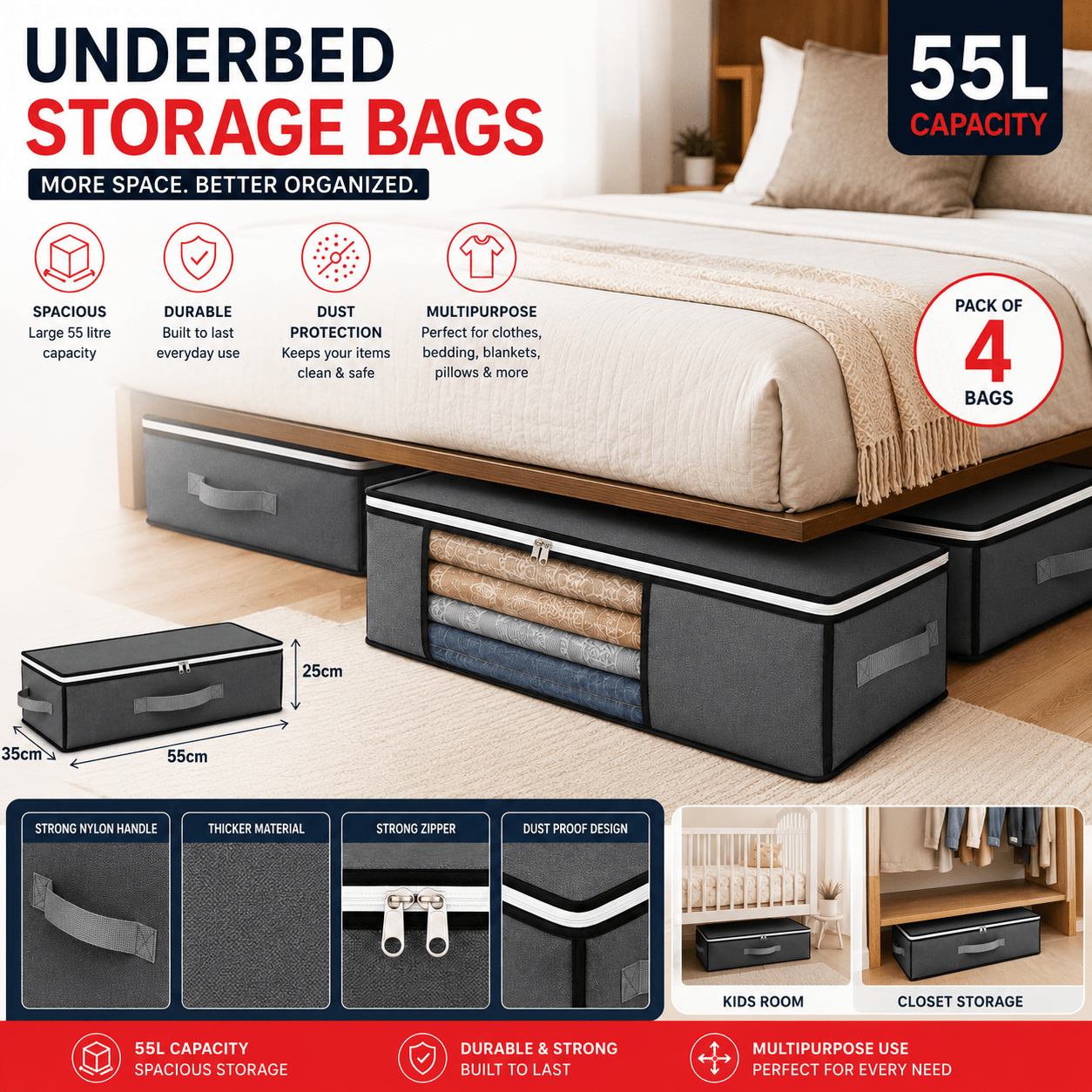 Underbed Storage Bags 4 Pack with Clear Window