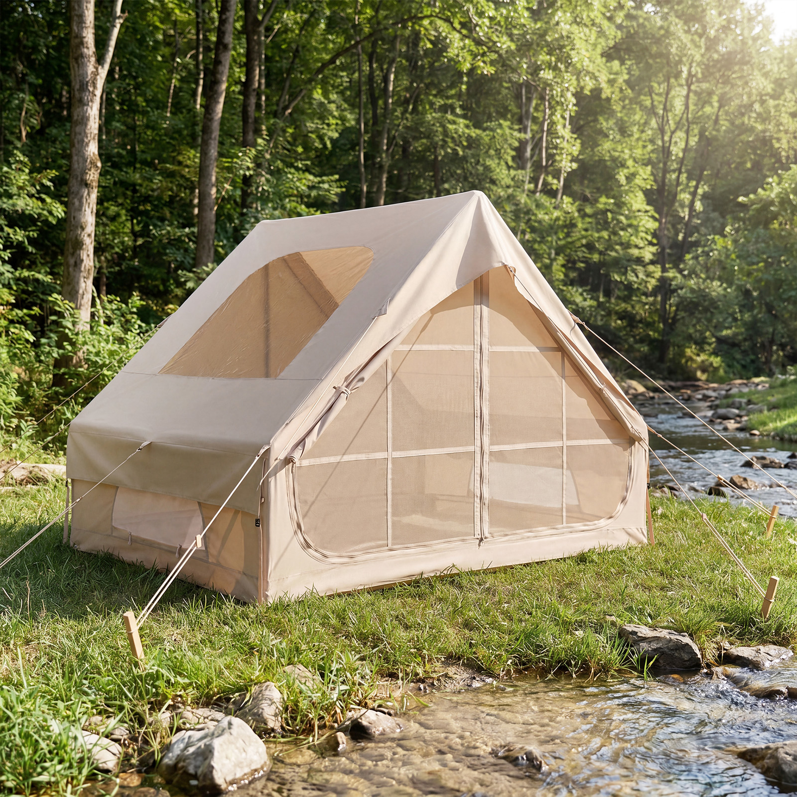 Image of Inflatable Camping Tent For 4 Person, 4 Season blow Up Tent With Pump, Skylight, Zippered Doors & Mesh Windows, Carry Bag, Outdoor Air Glamping Tent , Hiking & Camping