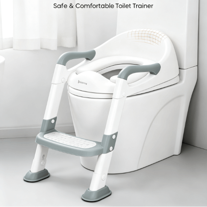 Image of Height Adjustable Foldable Step Stool Toilet Seat For Kids, Pu Padded Potty Trainer Attachment For Household Toilets