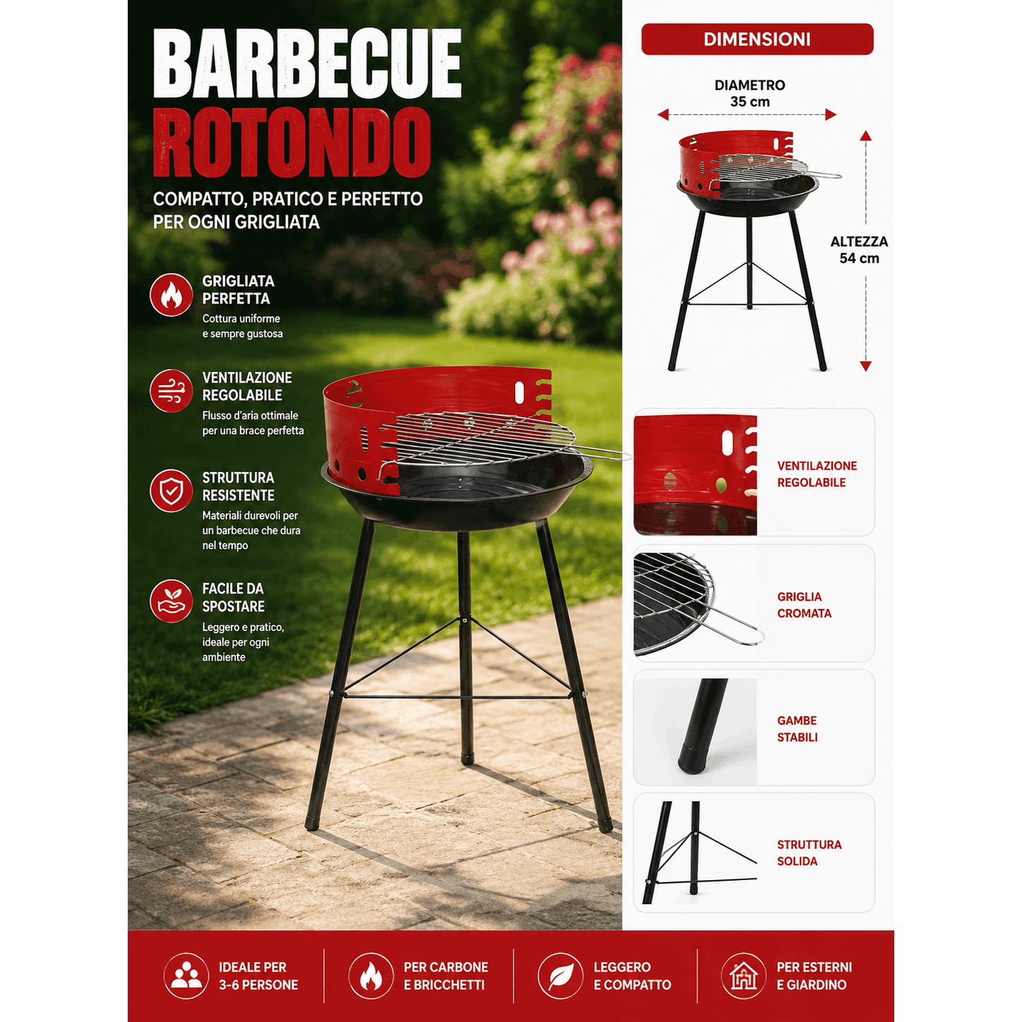 TEMU Charcoal Barbecue Ø35 Cm – Portable Grill For Perfect Grilling | Camping, Garden, Balcony - Compact, Durable, And Easy To Transport