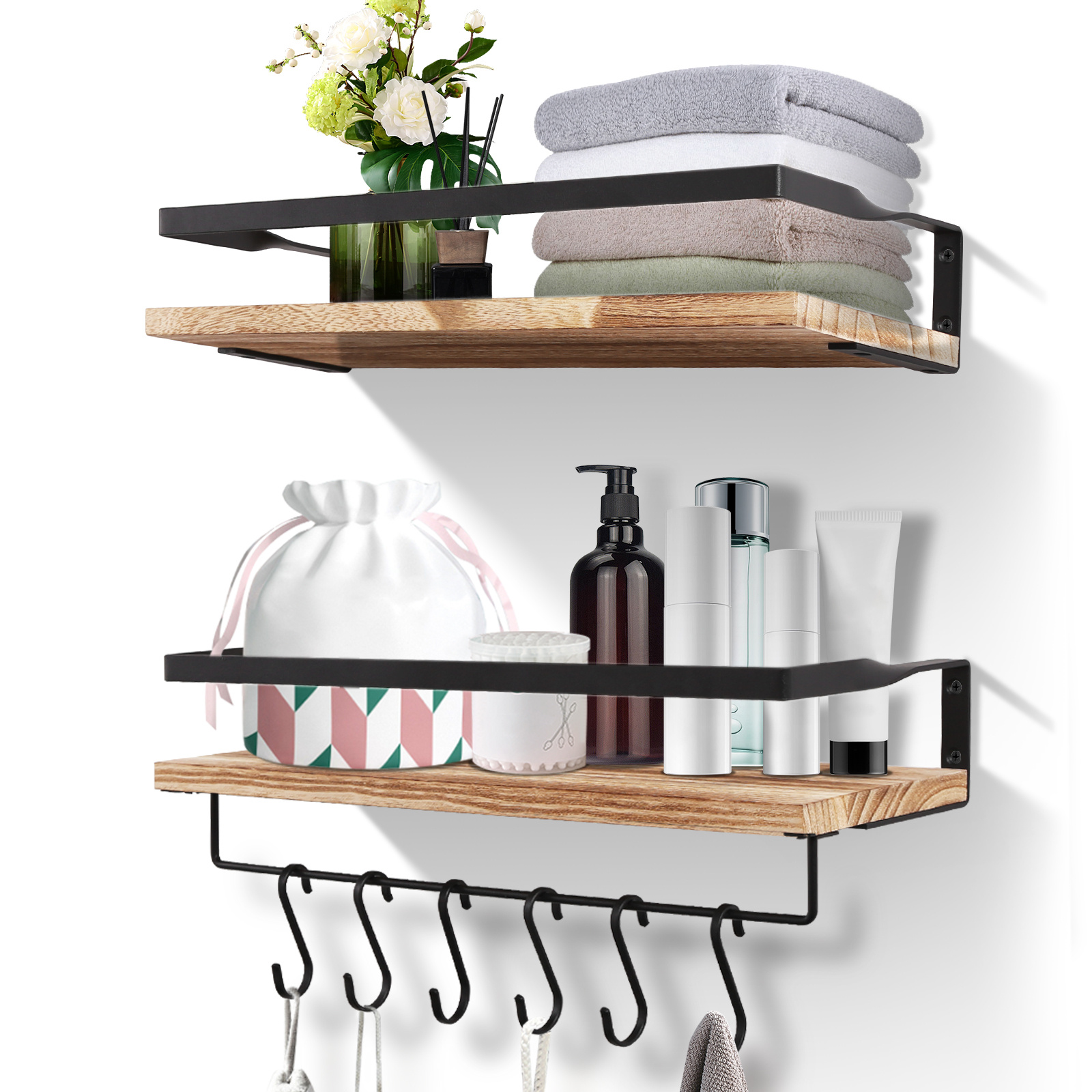 Wooden Wall Shelf, 2pcs Set Wall Shelf, 42cm Wooden Floating Shelves With Towel Holder For Living Room, Kitchen, Office, Bathroom