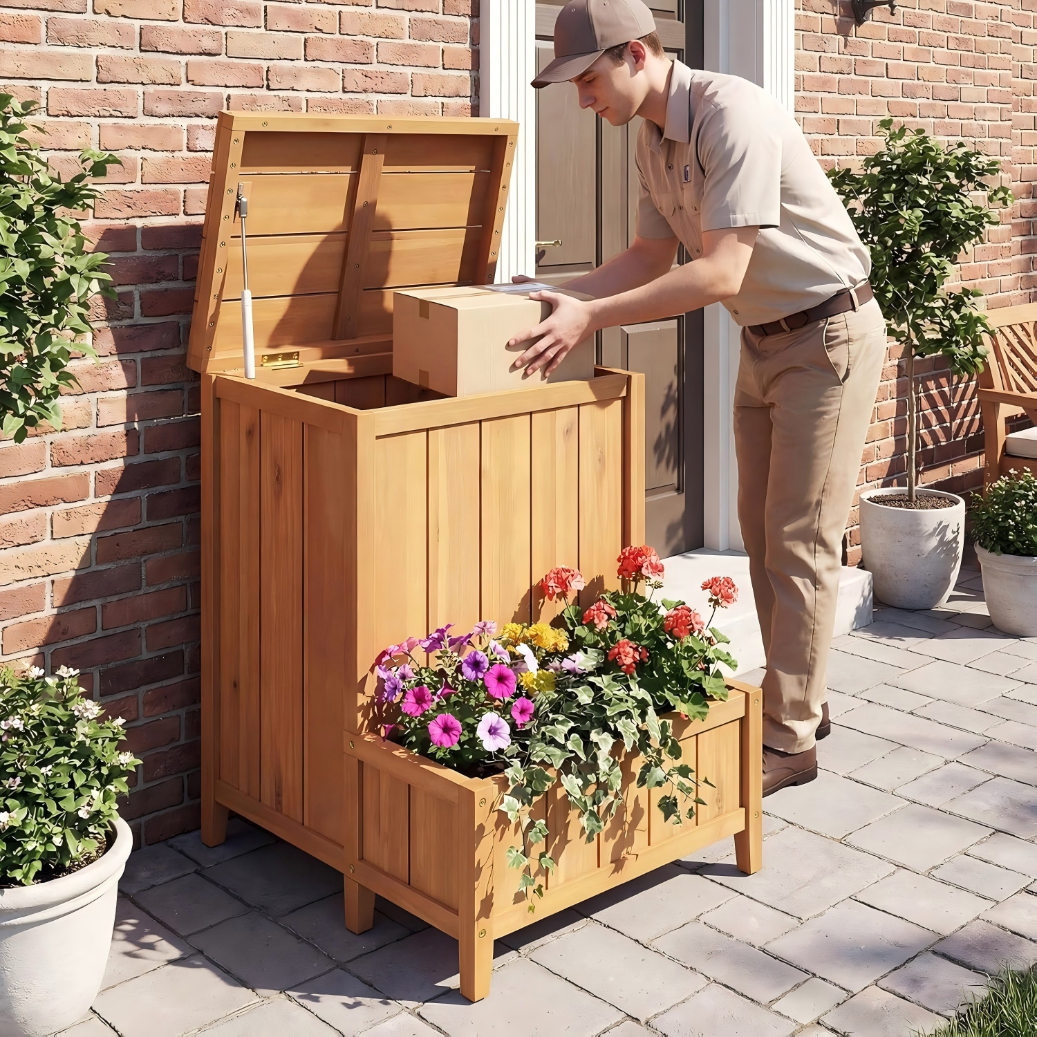 Image of Package Delivery Box With Planter Box, Wood Deck Storage Box With Openable Lid & Gas Rod, Multi-functional Outdoor Storage Container For Pool Accessories, Garden Tools, Patio Furniture