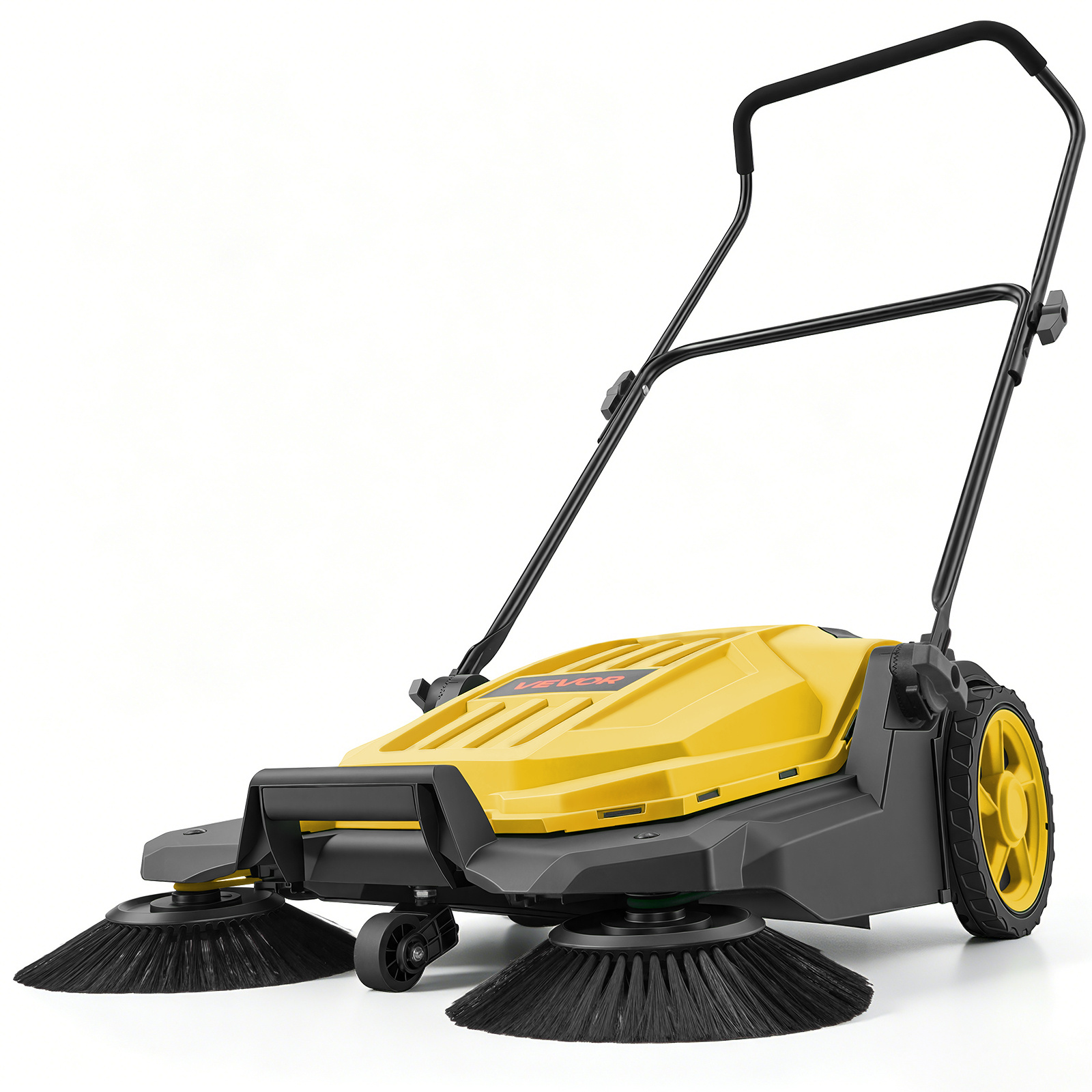 Vevor Walk-behind Hand Push Floor Sweeper, Manual Floor Sweeper Non-electric With 650mm Sweeping Width, 18.9l Waste Container & Adjustable Folding Handle For Yards Walkways Patios Garages - Yellow