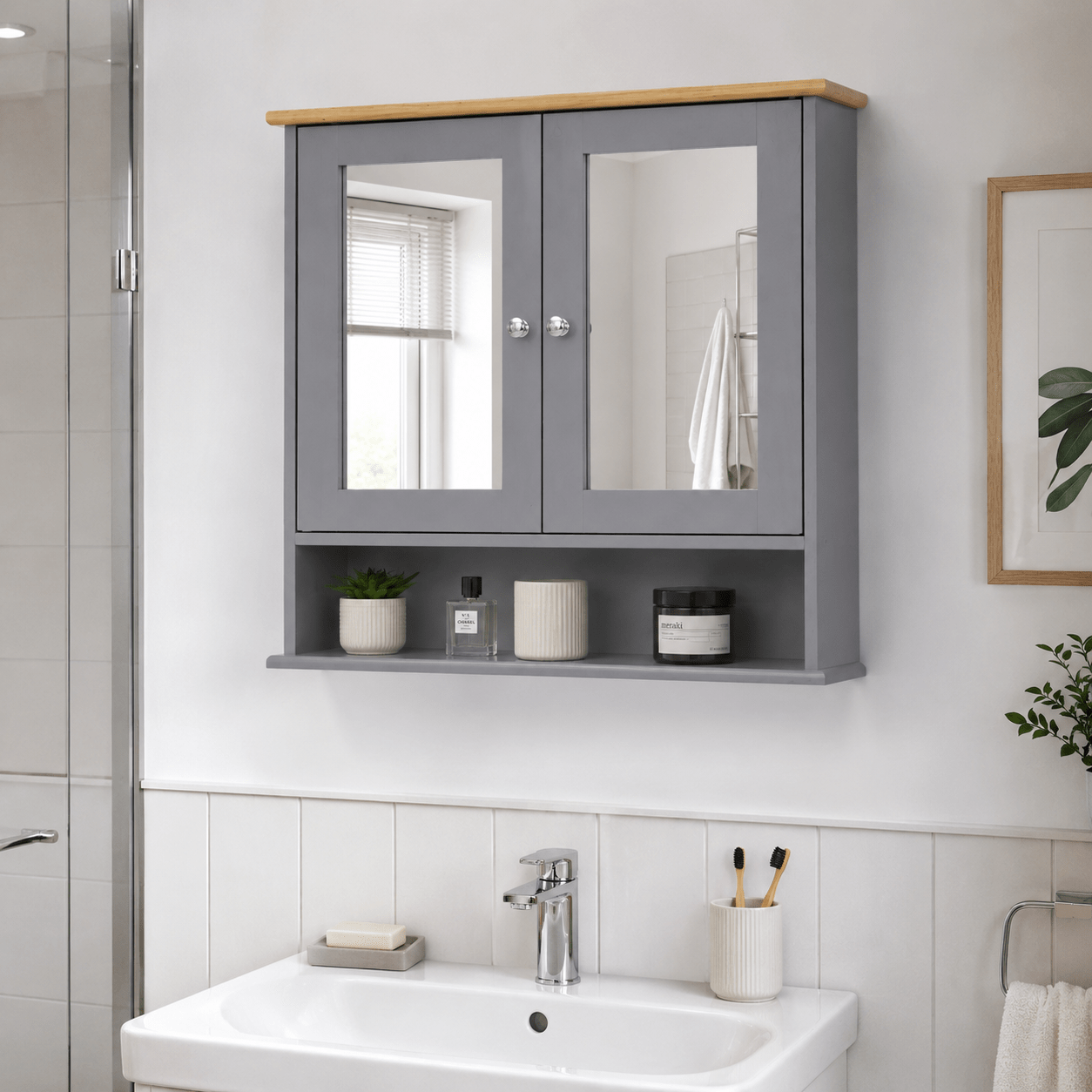Double Door Mirrored Bathroom Cabinet, Grey Wall-Mounted