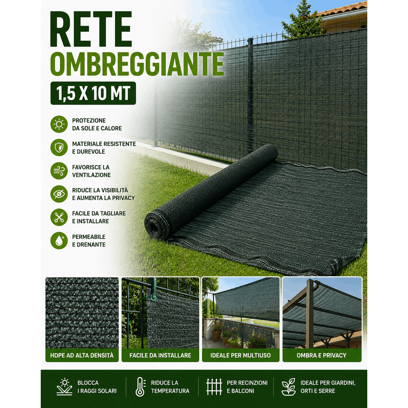 TEMU Rete Ombreggiante 1,5x10 m �� Privacy, e Protezione per Giardino, Balcone e Recinzione | Resistente da Installare