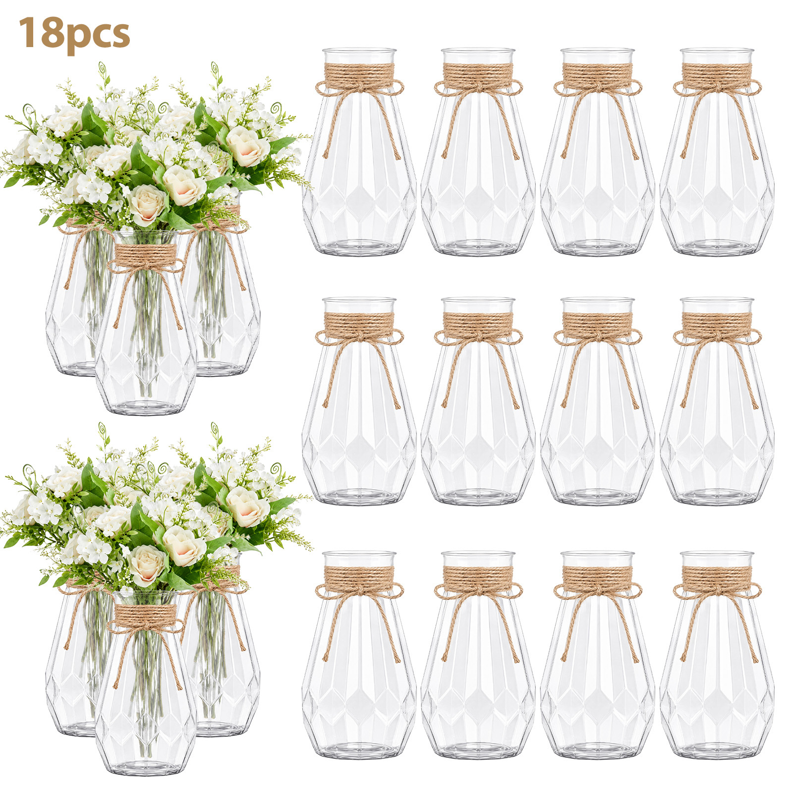 Image of 18pcs High-quality Diamond Style Plastic Vase, Hemp Rope, Handcrafted Flower Arrangement Synthetic Gemstone Decor For Diy Bouquets And Items