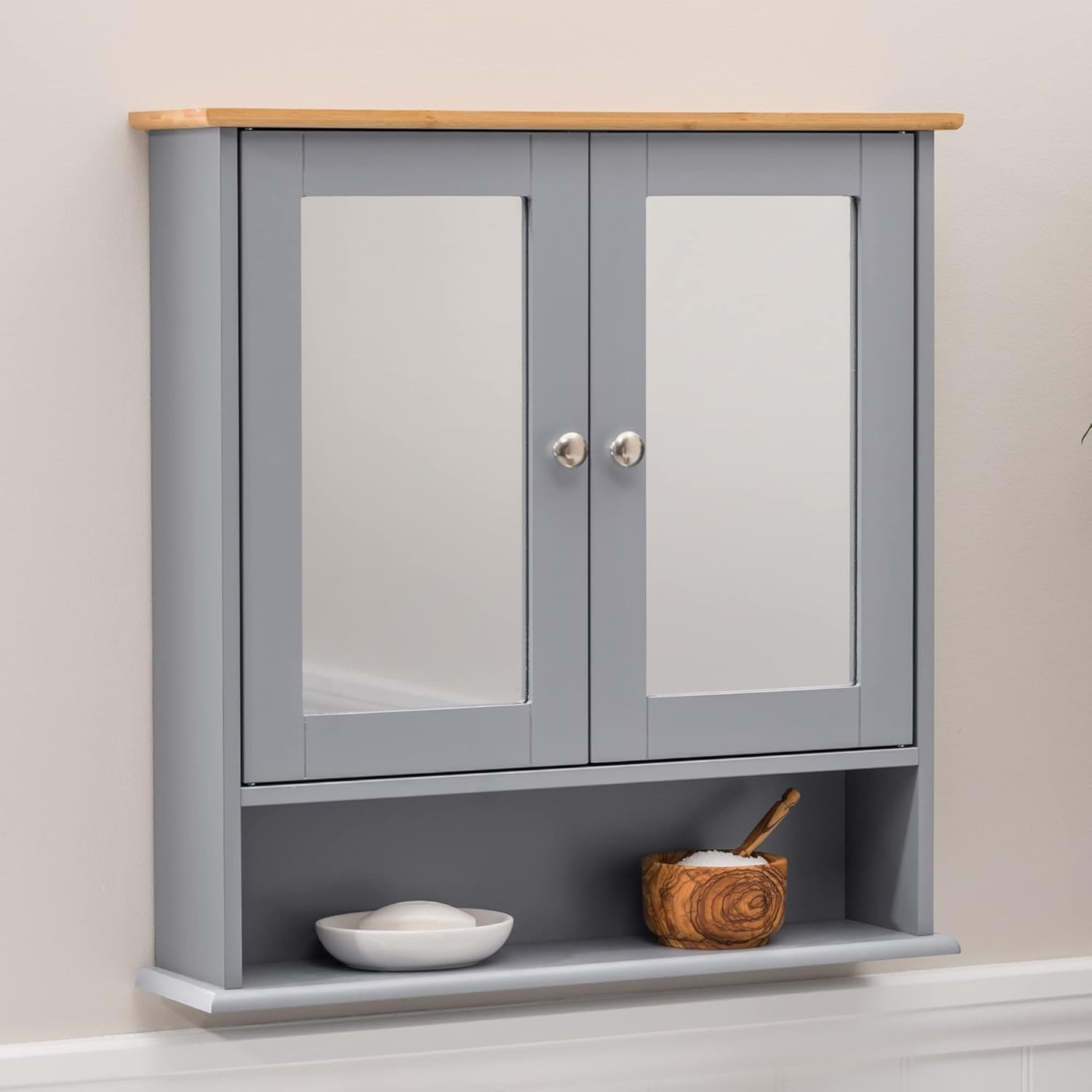Double Door Mirrored Bathroom Cabinet, Grey Wall-Mounted
