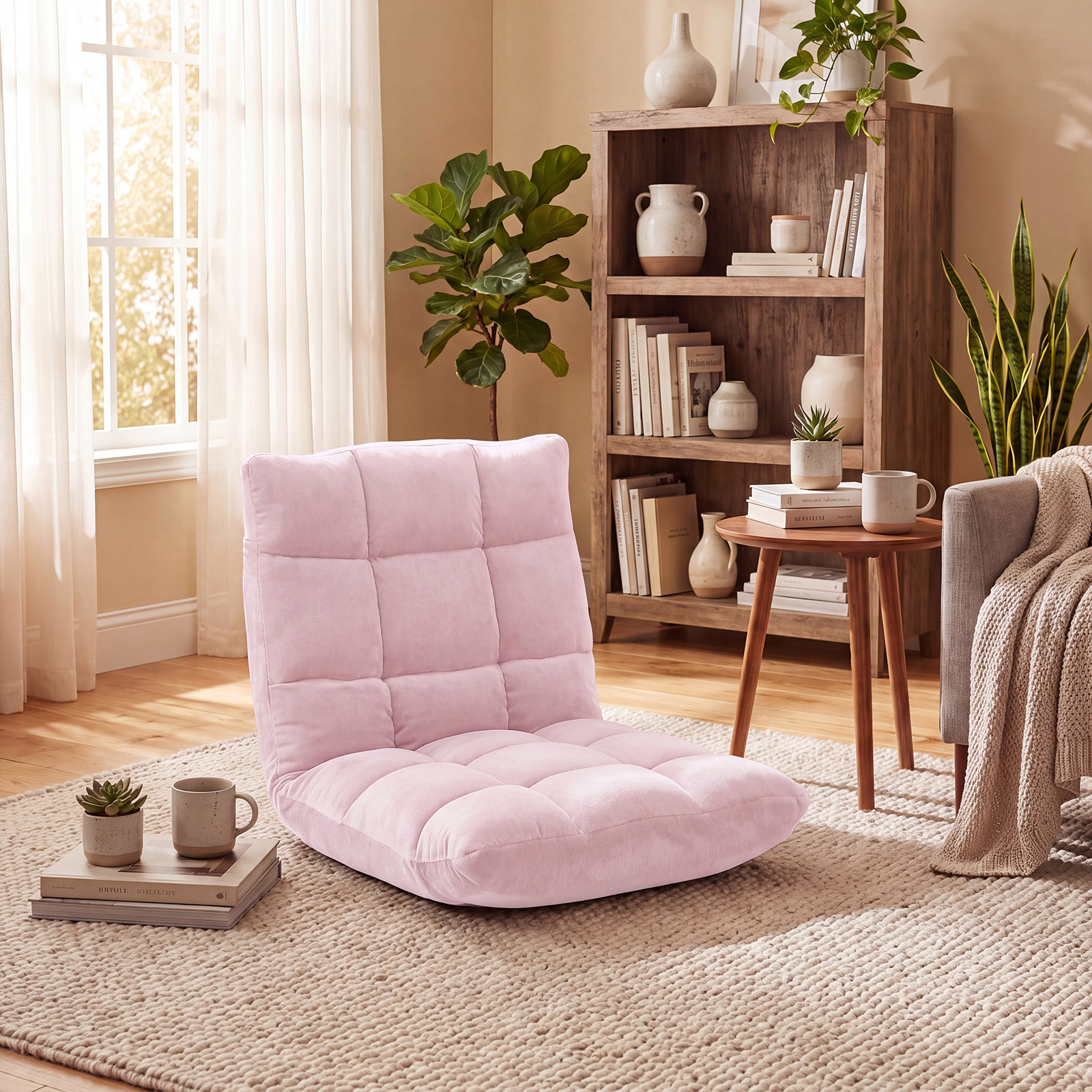 Image of Folding Floor Chair, Floor Armchair With 14-position Adjustable Backrest, Meditation Chair Made Of Coral Fleece For Living Room And Balconylight Pink