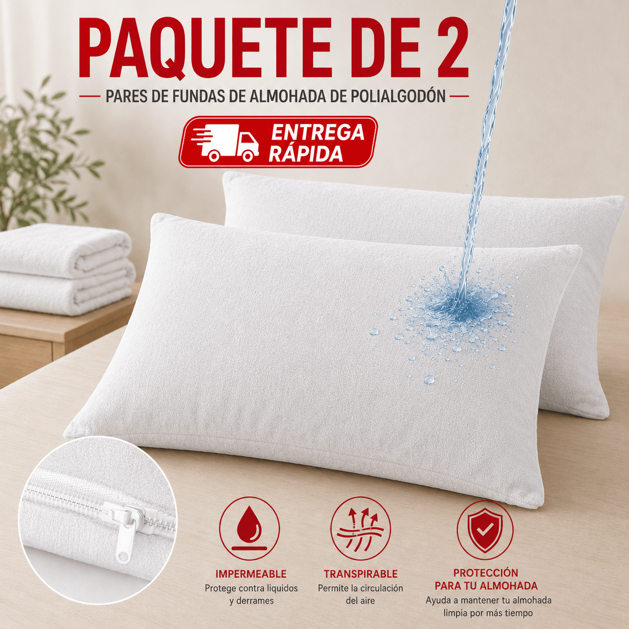 TEMU Pack de 2 Fundas de Almohada Impermeables con Cremallera, Protector de Almohada de de Poliéster , Transpirable y Lavable para Dormitorio, Cama