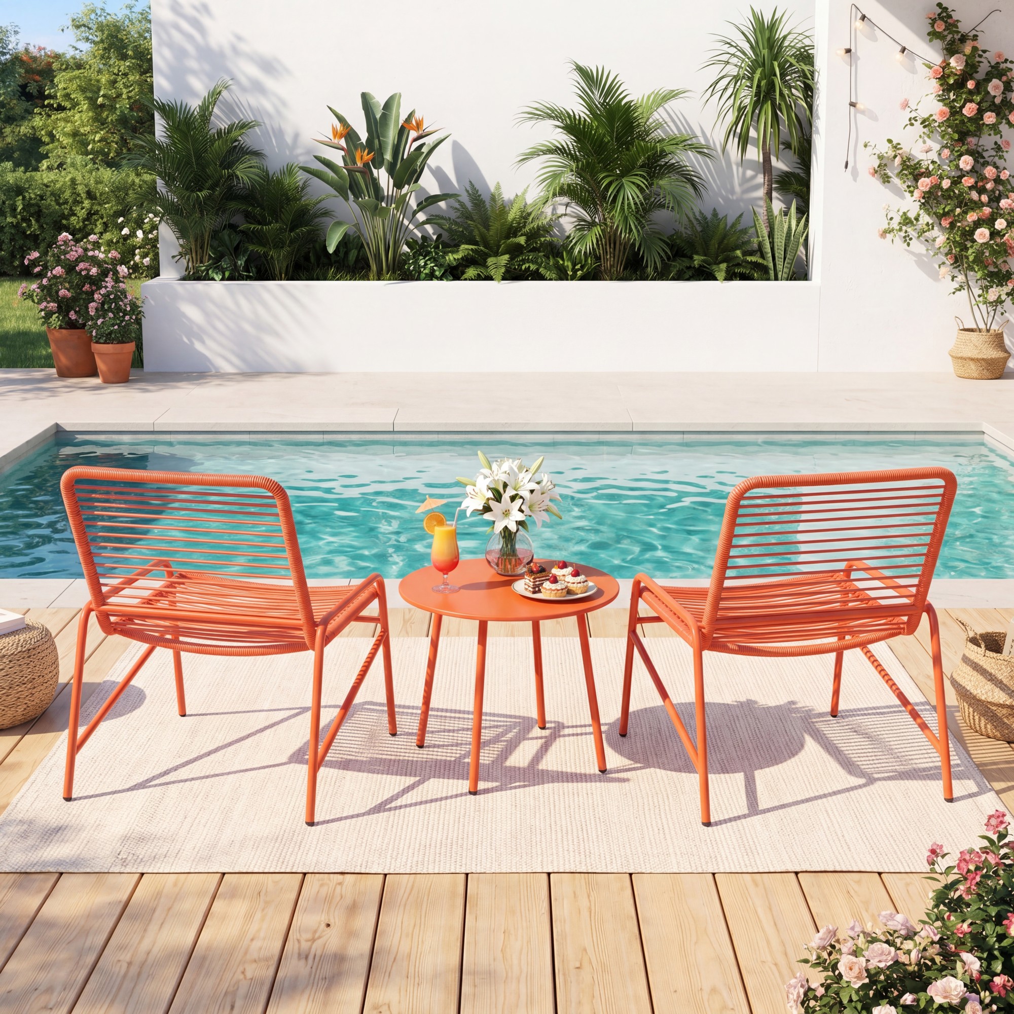 3pcs Set, With Side Table, Outdoor Wicker Conversation Set, Patio Furniture For Porch Deck Poolside Balcony Yard, Orange