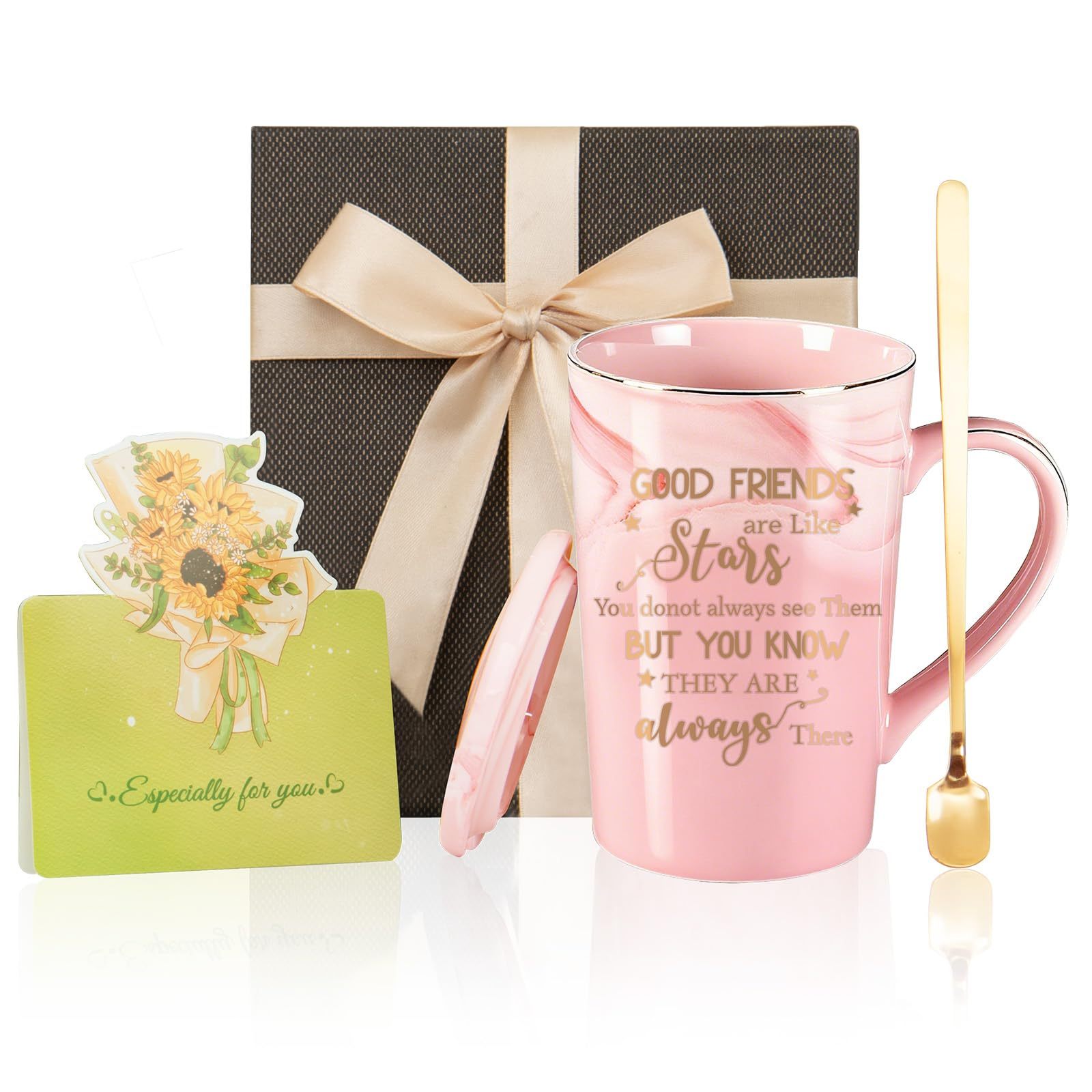 Image of Best Friend Birthday Gifts For Women – Friendship Present For Women, Bff Gift Idea For Female | 400ml Pink Marble Ceramic Coffee Mug With Spoon, Lid, Card & Gift Box