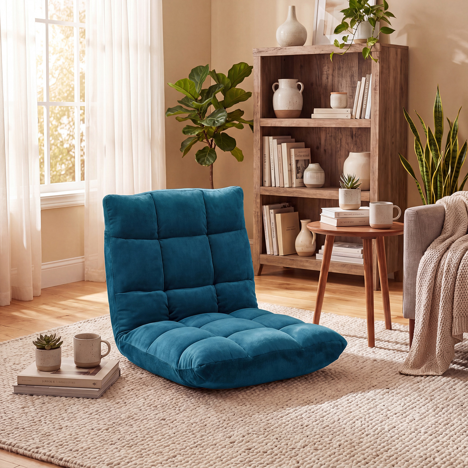 Image of Folding Floor Chair, Floor Armchair With 14-position Adjustable Backrest, Meditation Chair Made Of Coral Fleecepeacock Blue