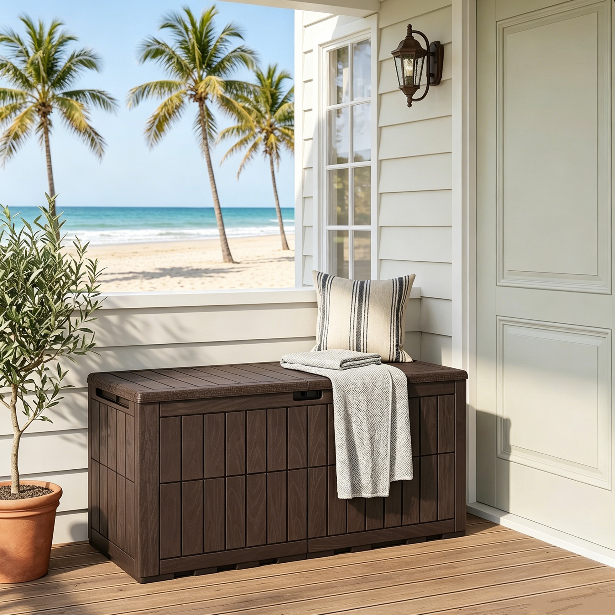 Image of 380l Outdoor Storage Box, Lockable Storage Box With Lid, Gas Springs Handles, 2-in-1 Patio Bench For Garden Tools, Gray