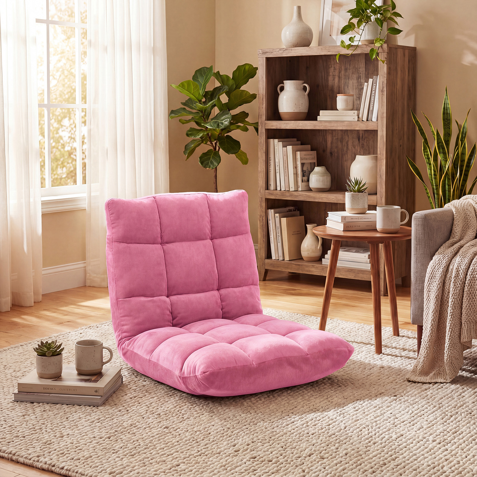Folding Floor Chair, Floor Armchair With 14-position Adjustable Backrest, Meditation Chair Made Of Coral Fleece For Living Room And Balcony