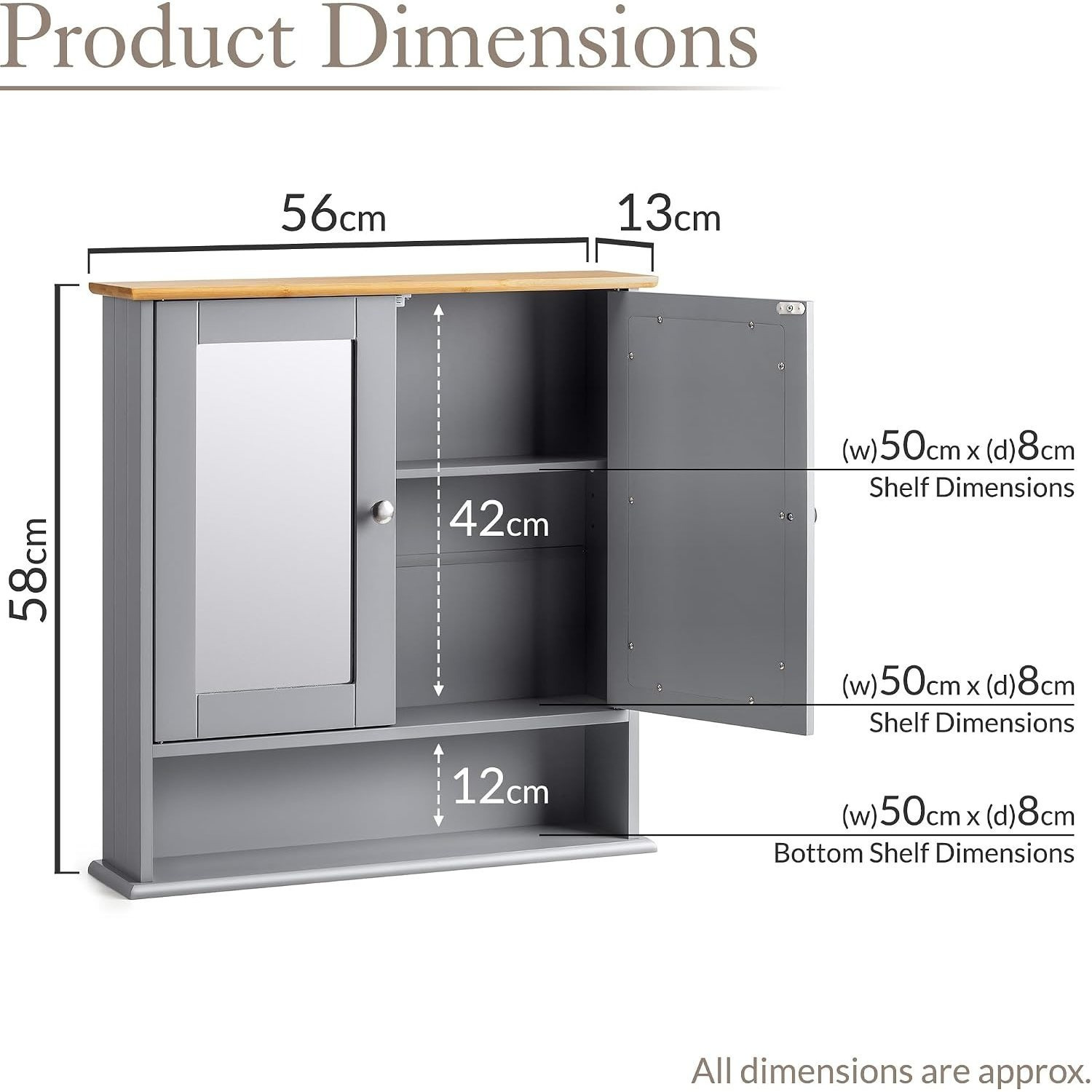 Double Door Mirrored Bathroom Cabinet, Grey Wall-Mounted