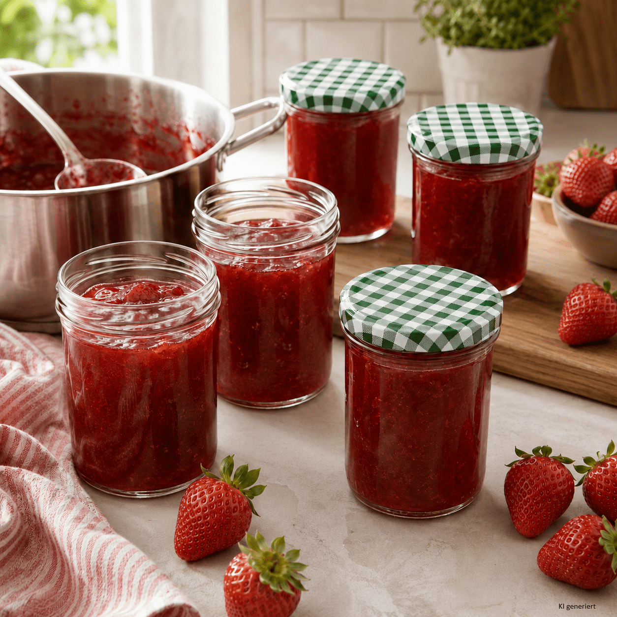 Image of 48pcs Set Of Jam Jars 435ml With To 82 Lid Green Checked, Tumblers Made Of Glass For Canning, Preserving, Fermenting & Storing With Recipe Booklet, Canning Jar