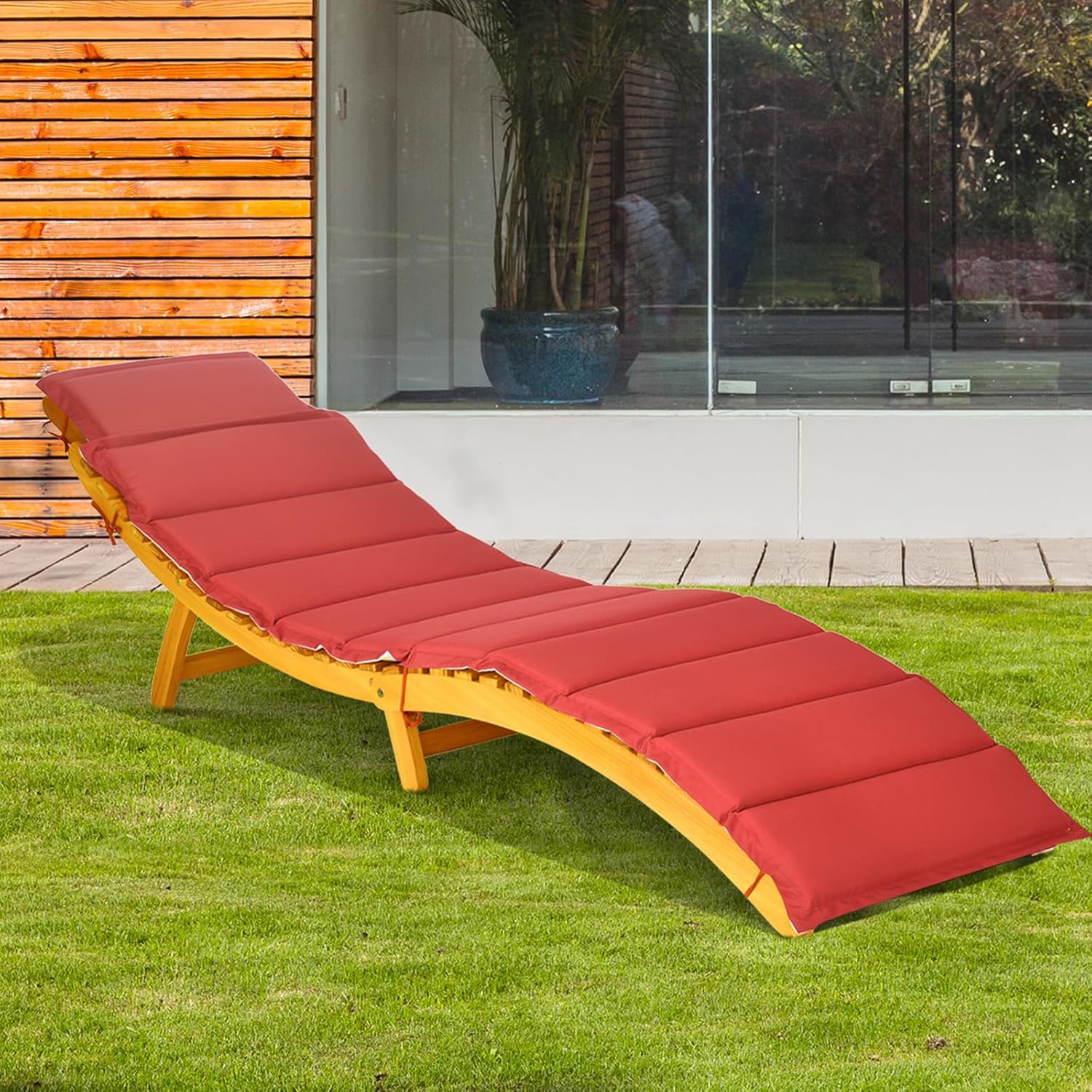 Image of Outdoor Folding Sun Lounger, Garden Wooden Lounger With Foldable Headrest, Including 2 Cushions, Load Capacity Up To 180kg