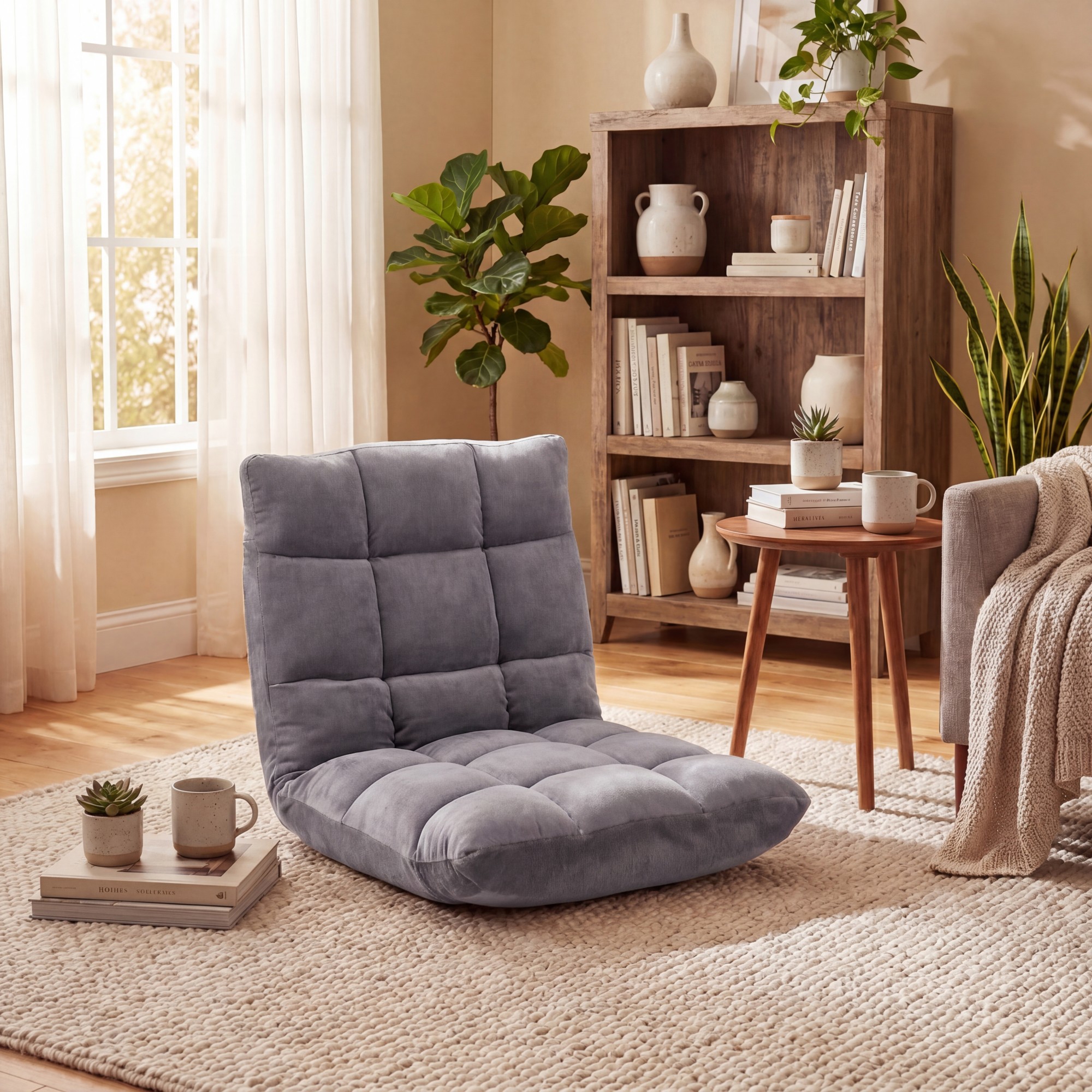 Image of Folding Floor Chair, Floor Armchair With 14-position Adjustable Backrest, Meditation Chair Made Of Coral Fleece For Living Room And Balconygray
