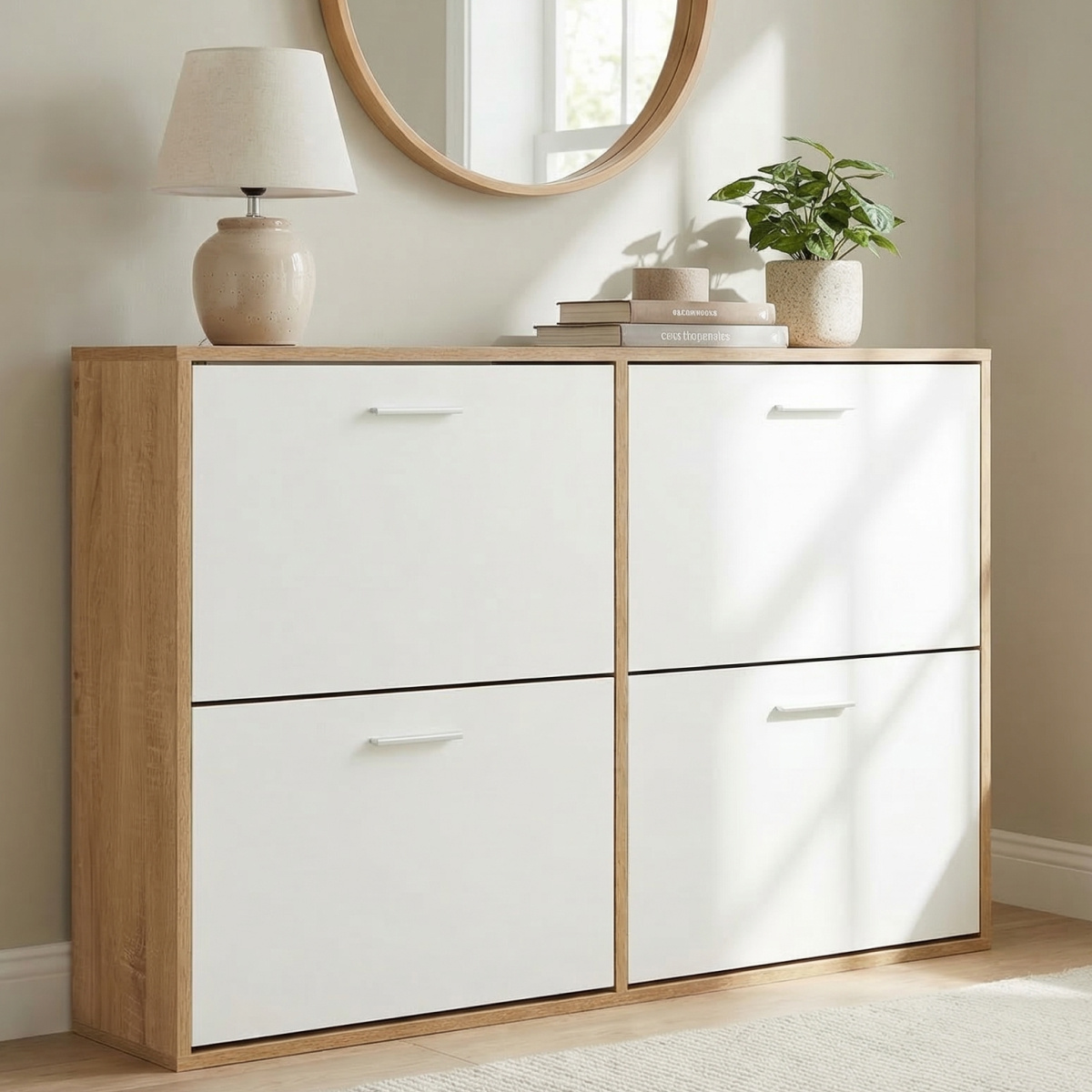 Image of Large-capacity Shoe Cabinet With 4 Flap Compartments, Wooden Shoe Storage For Up To 24 Pairs, Space- Entryway Organizer