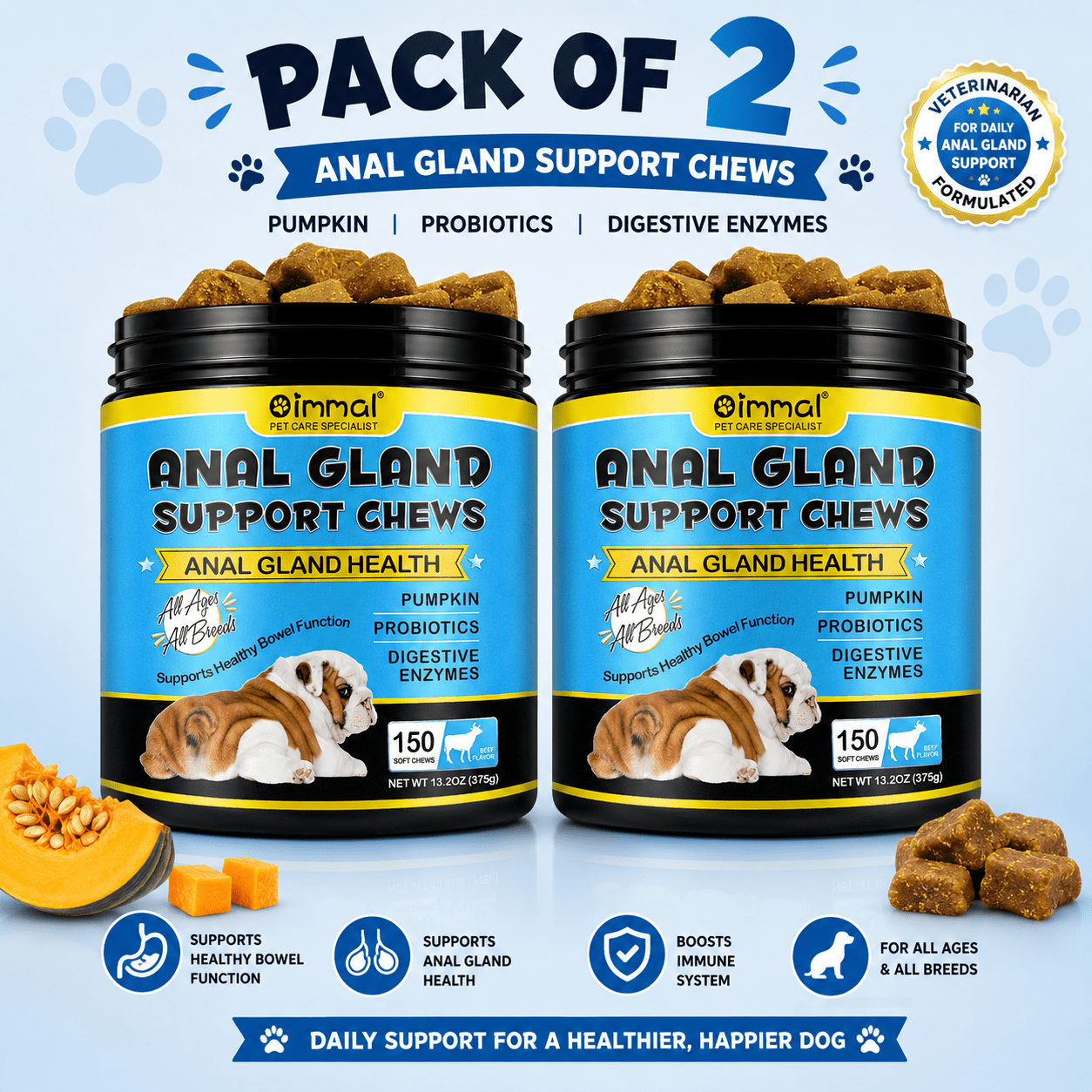 TEMU Anal Gland Support Chews For Dogs Pack Of 2 — Pumpkin Probiotics And Digestive Enzymes — Supports Anal Gland Health Healthy Function Gut Balance