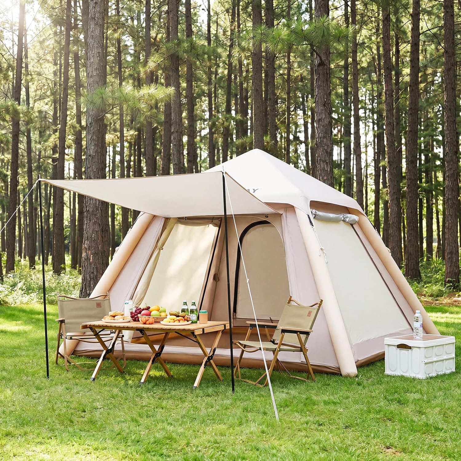 Image of Inflatable Camping Tent, Easy Setup Blow Up Tent With Pump, Doors & Mesh Windows, Ground Stakes & Wind Ropes, Removable Top Cover, 2-4 Person Capacity For Outdoor Glamping, Travel & Hiking