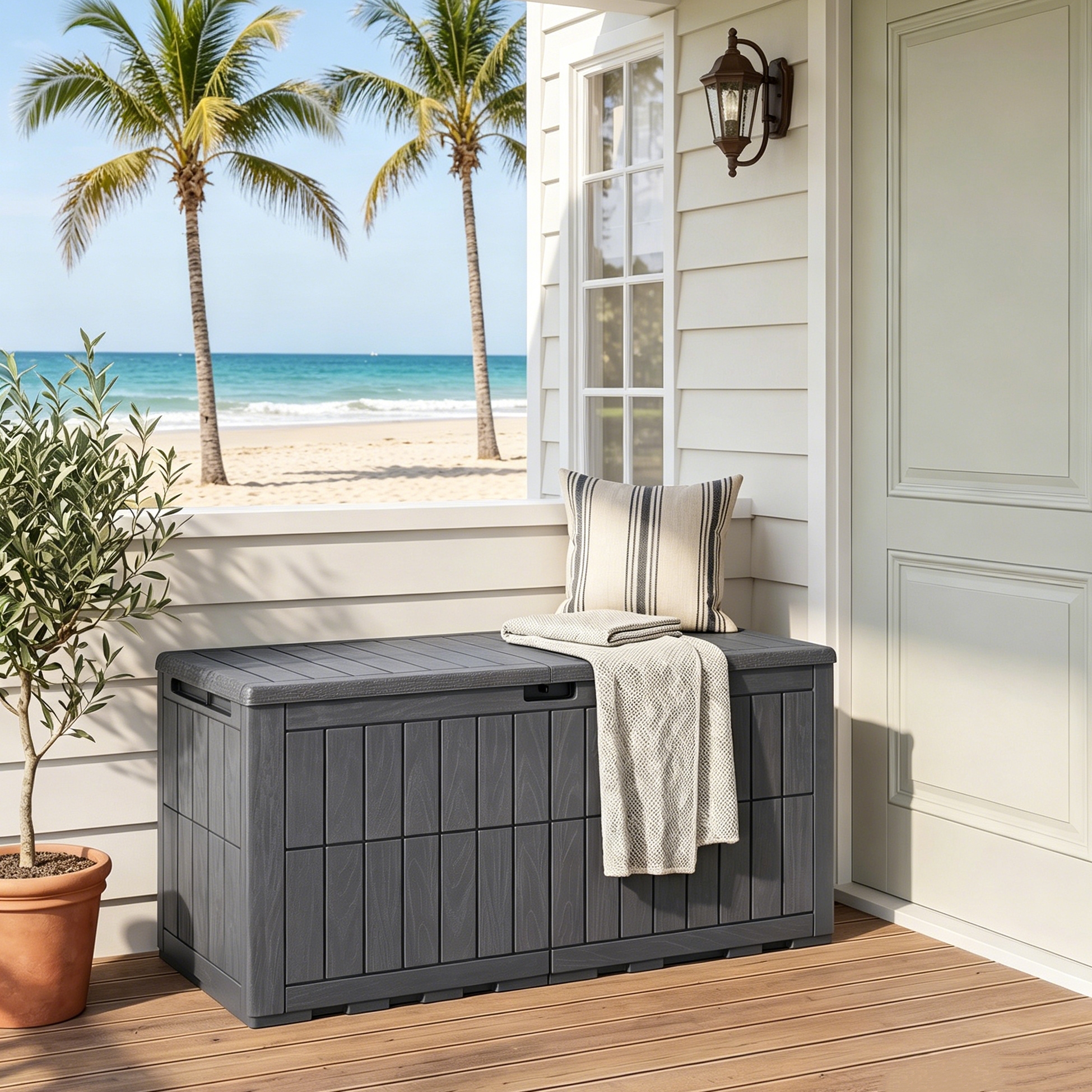 Image of 380l Storage Box, Lockable Storage Box With Lid, Gas Springs Handles, 2-in-1 Patio Bench And Cushion Box For Garden Tools