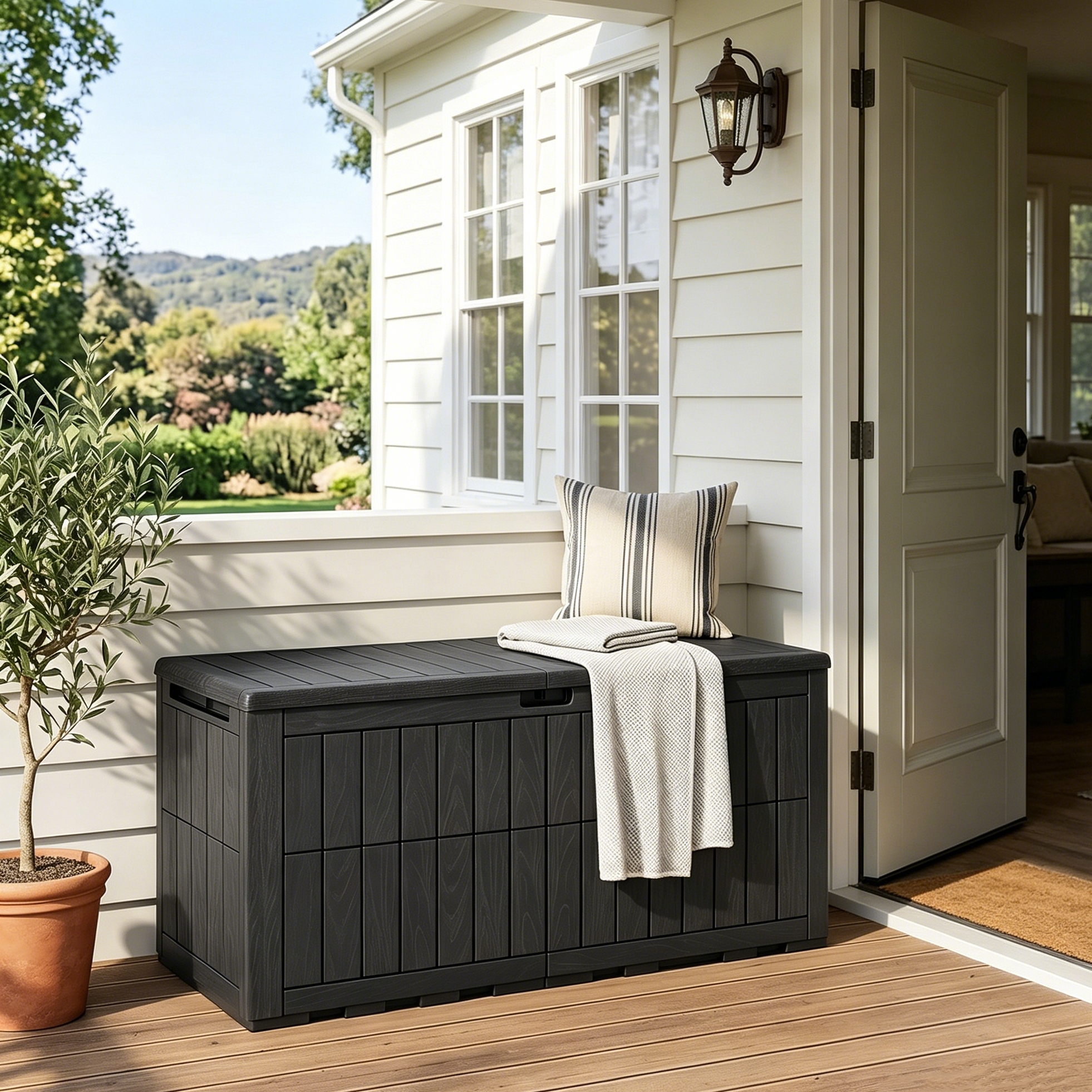 Image of 380l Storage Box, Lockable Storage Box With Lid, Gas Springs Handles, 2-in-1 Patio Bench And Cushion Box For Garden Toolsblack