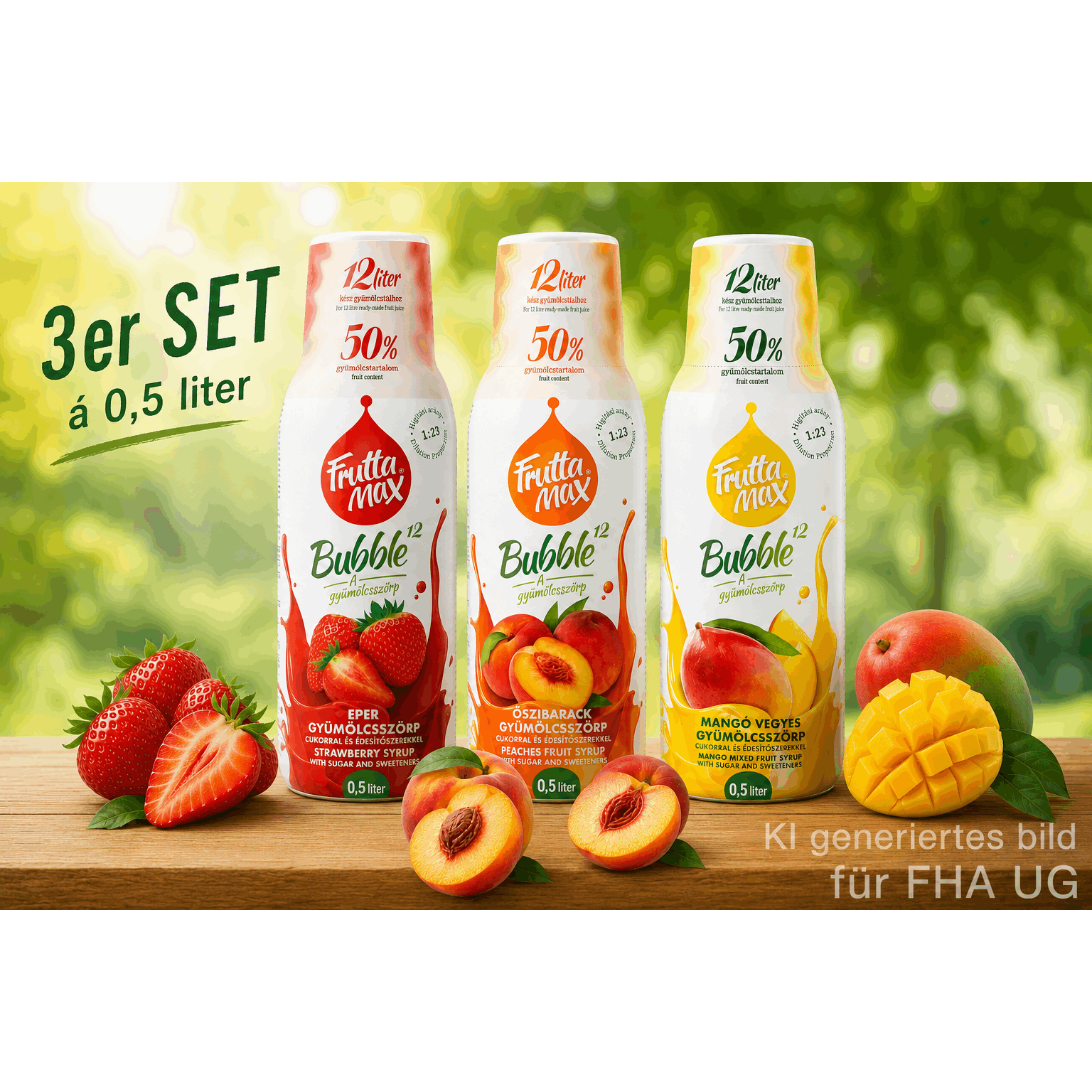 Fruttamax Syrup 3pcs Set – Strawberry, Peach & Mango | 3 × 500 Ml | 50% Fruit Content