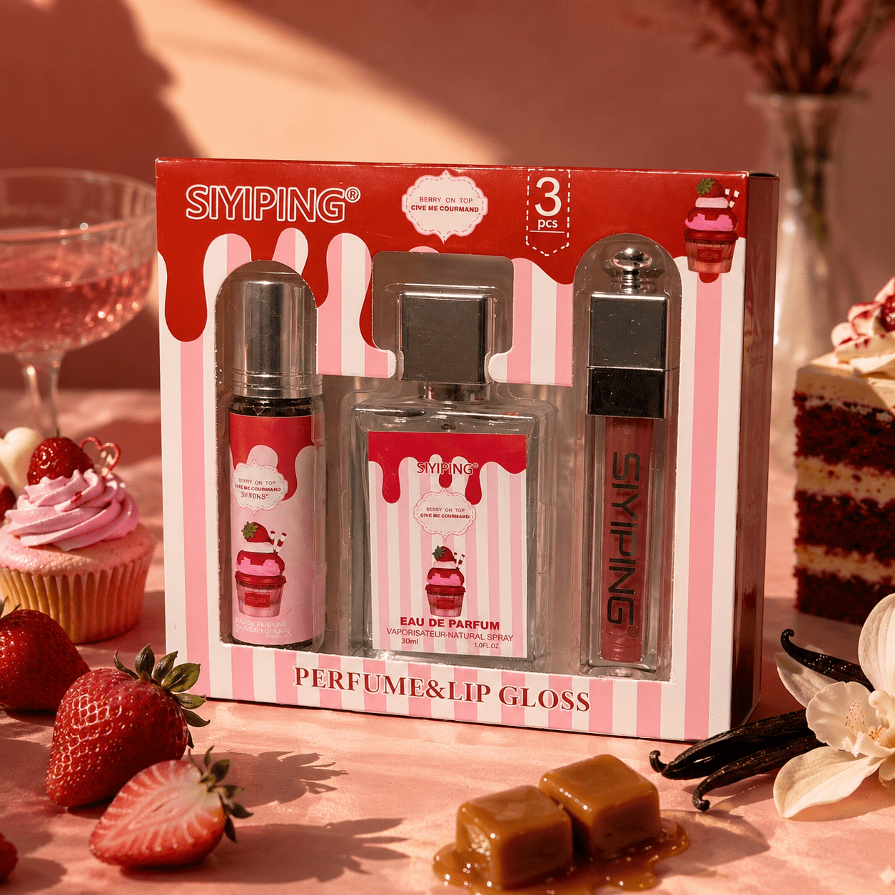 & Lip Gloss 3 In 1 - Eau De Parfum 30 Ml, Perfumed Spray 10 Ml And Lip Gloss 4 Ml - Gourmet Perfume Strawberry, Vanilla, Caramel