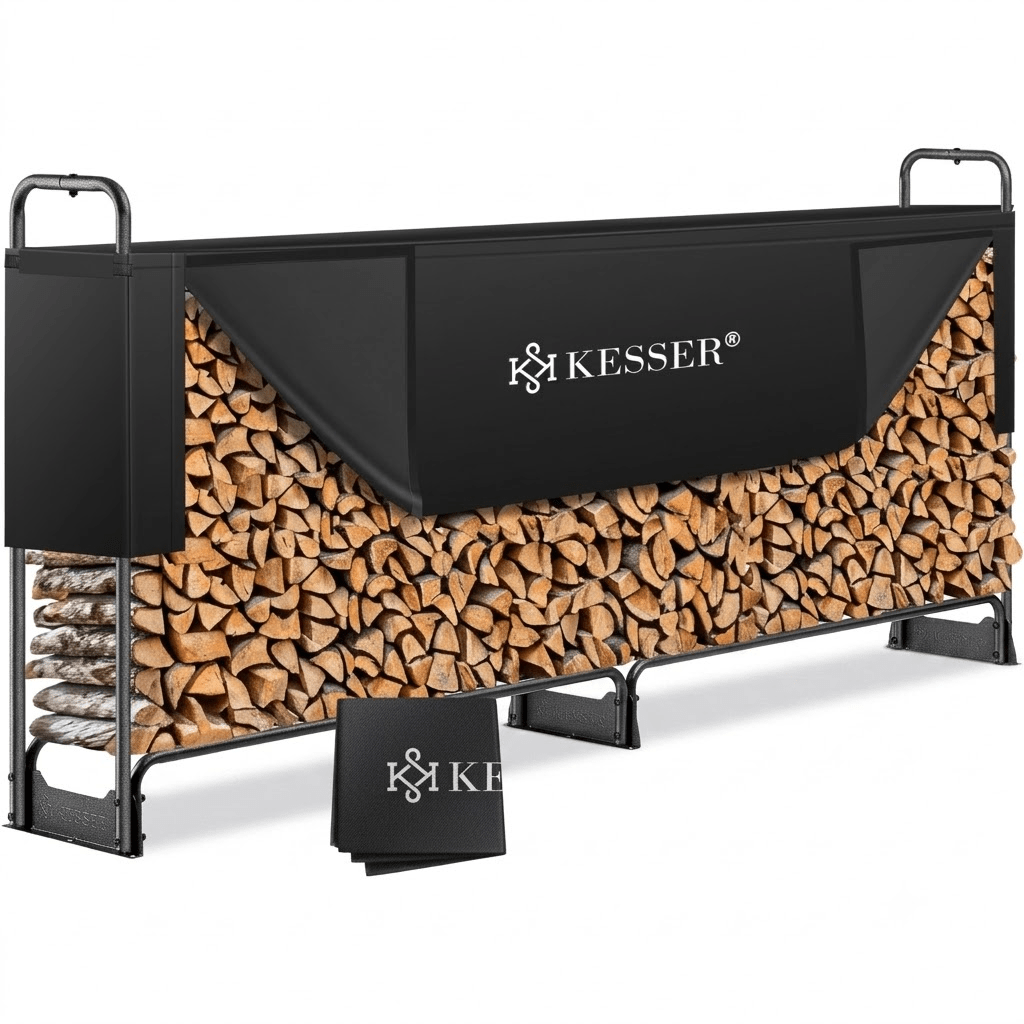 Image of Kesser Firewood Rack, Outdoor Metal Firewood Shelf With Cover, Weatherproof Firewood Storage Shed, Wood Storage, Firewood Stacking Aid For Garden, Patio, Yard