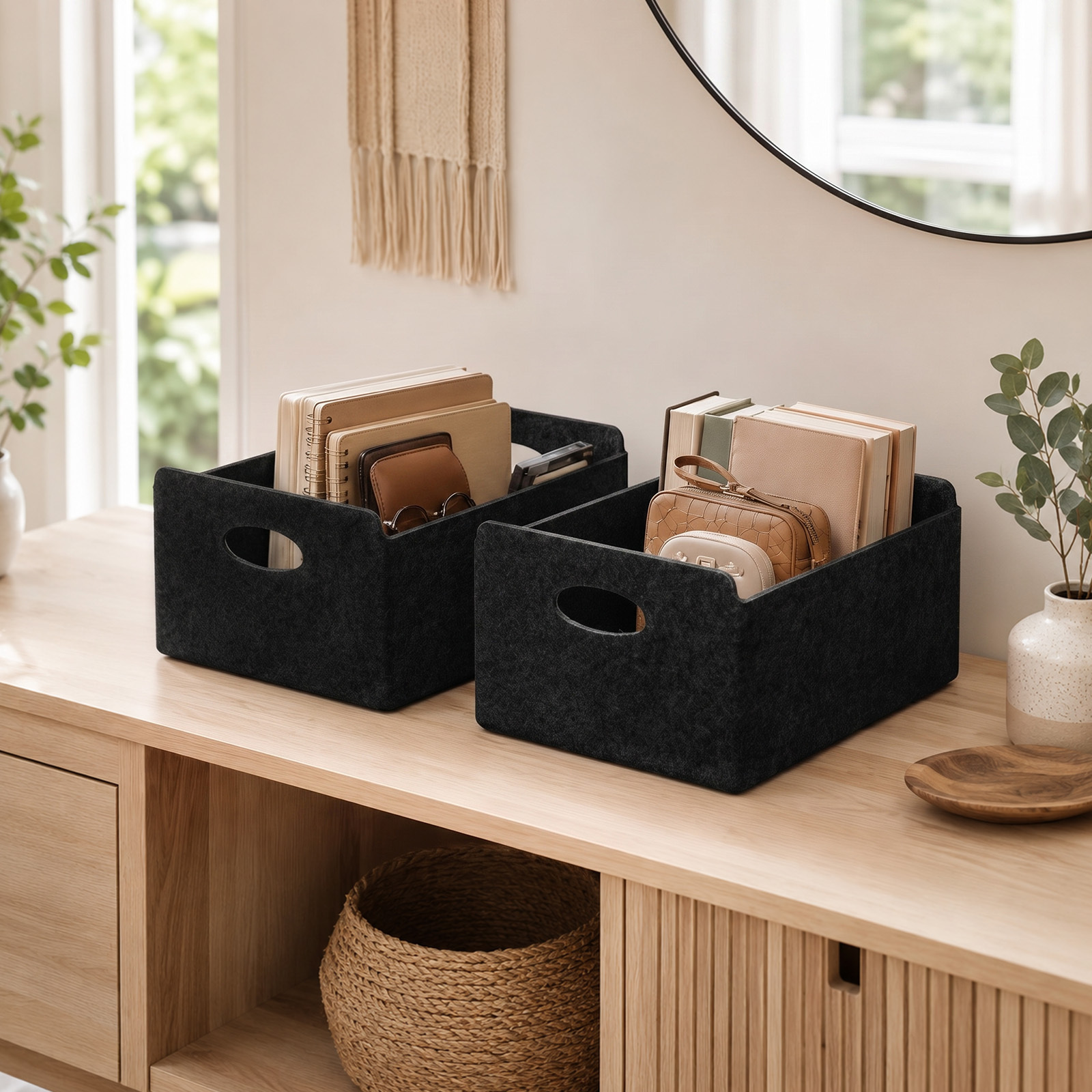 TEMU 3-piece Set Of Foldable Polyester Felt Storage Baskets With Handles - Stackable Multi-use Organizer Bins For Clothes, Towels, Accessories -