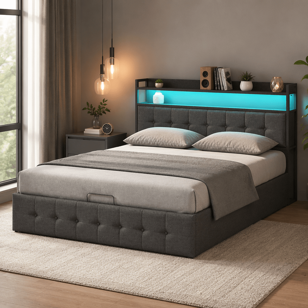 Image of As A Christmas Gift: Ycz Bed Frame Made Of Linen, 160x200 Cm, Including Led Light, Hydraulically Adjustable High Headboard, Easy To Assemble. Without Mattress.