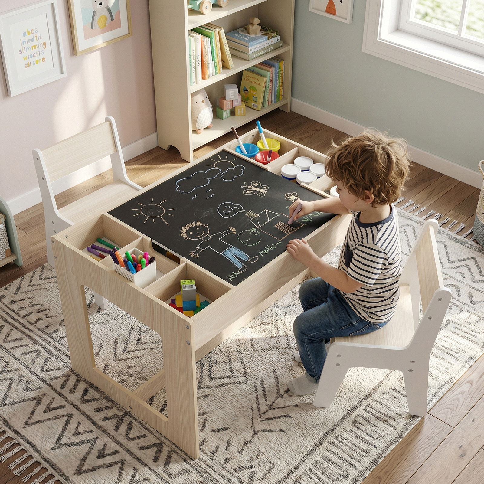 Kids Activity Table & 2 Chairs Set, Multipurpose Wooden Toddler Table With Removable Reversible Top, Chalkboard & Whiteboard Surface, Side Storage Compartments With Detachable Dividers