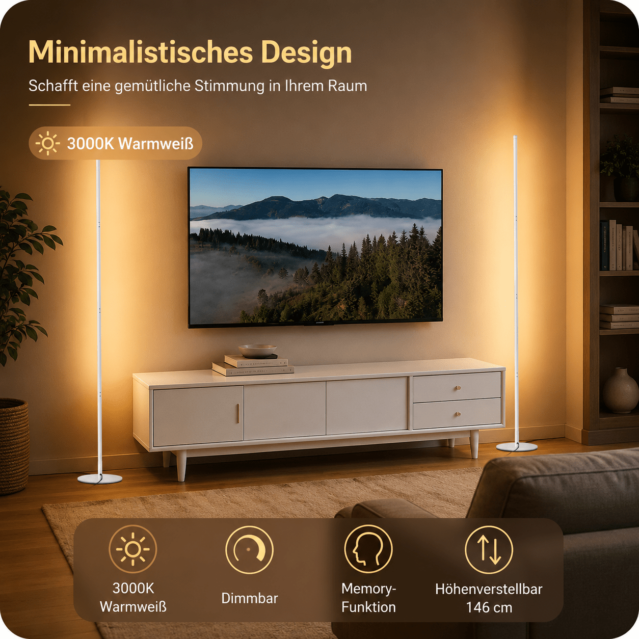 Set Of 2 Dimmable Led Floor Lamps, 146cm, 3000k Warm White With Memory Function, Height Adjustable – For Living Room & Office, White