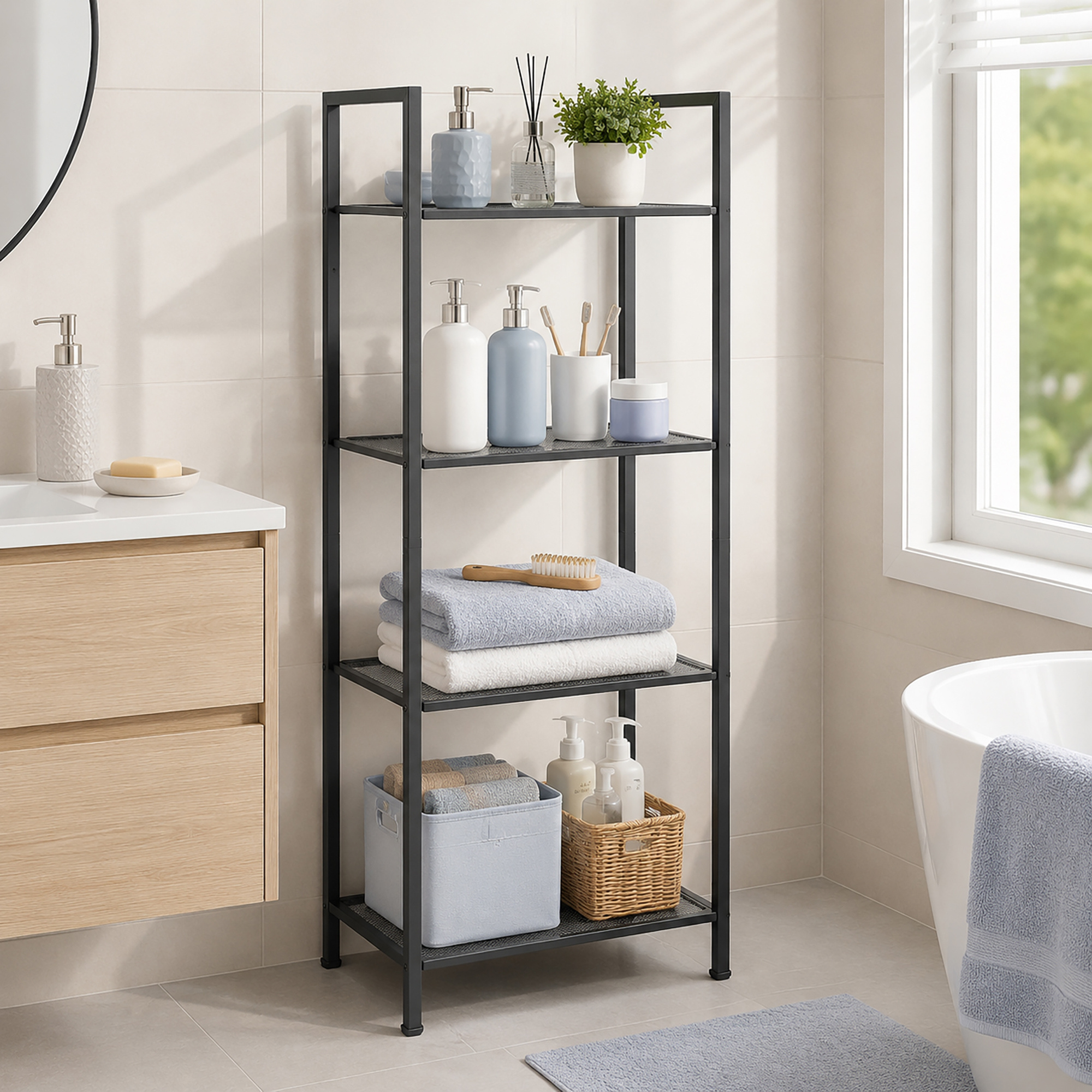 Image of Shelf With , Industrial-style Bathroom Shelf, For Bathroom, Metal, Black