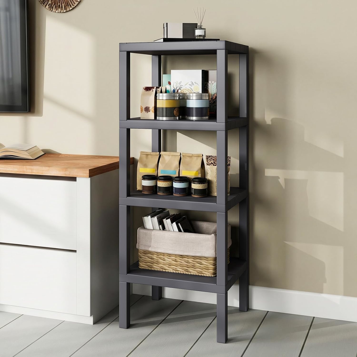 4-tier Plastic Storage Shelf, Freestanding Utility Rack, Narrow Bathroom Organizer Unit For Kitchen, Living Room & Laundry, No-tools Assembly, 38 X 32,5 Cm, Gray