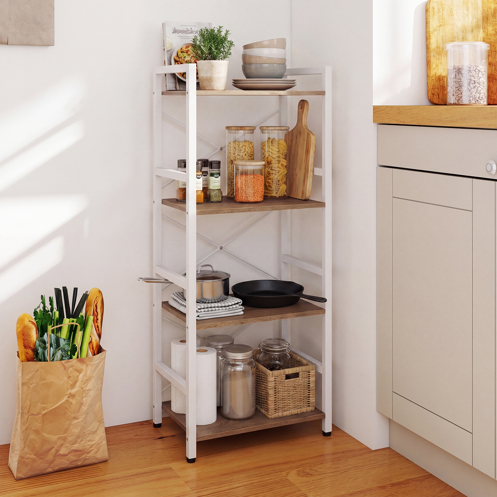 Image of Narrow Bookshelf, 4-tier Freestanding Bookcase With Heavy-duty Metal Frame, Industrial Style Display Rack With Open Shelves & Anti-fall Room Home Office, Natural & White