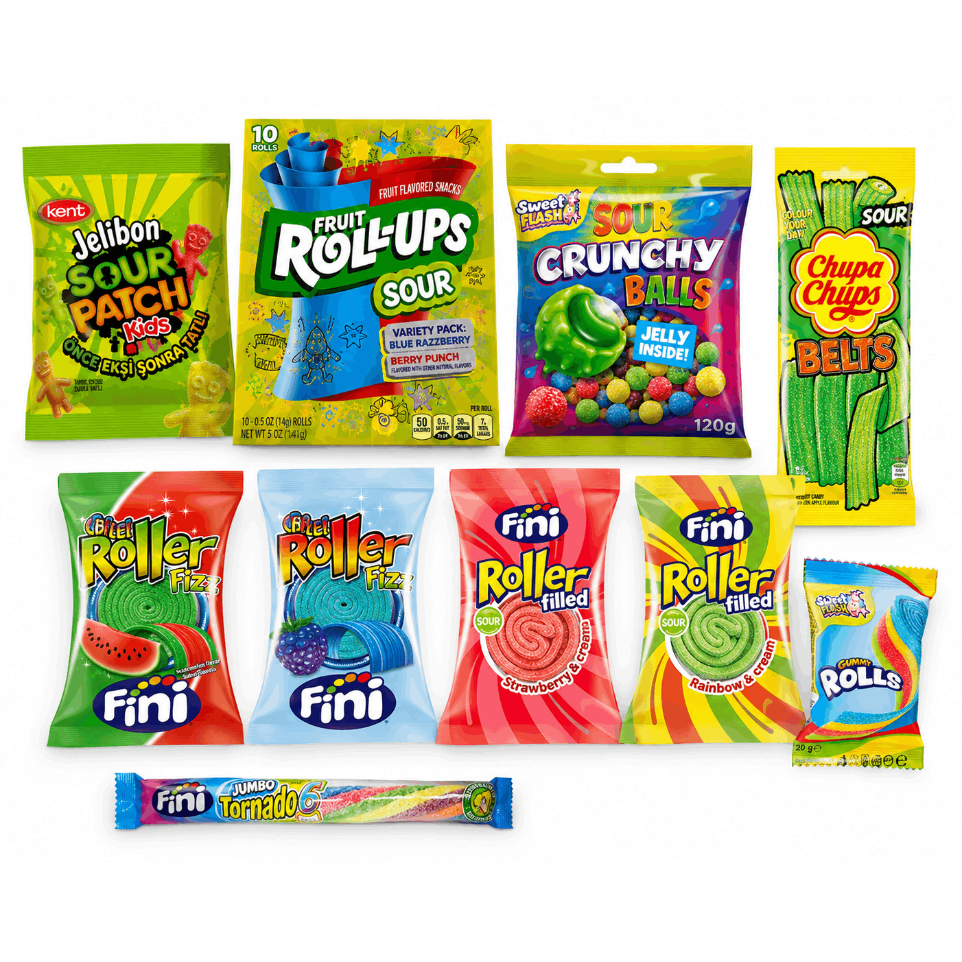 Image of Xxl Sour Candy Mix - 10 International Fruit Gummies & Sour Candies / Chupa Chups, Fruit Roll-ups, Fini, & More / Gift Box Candy Mix