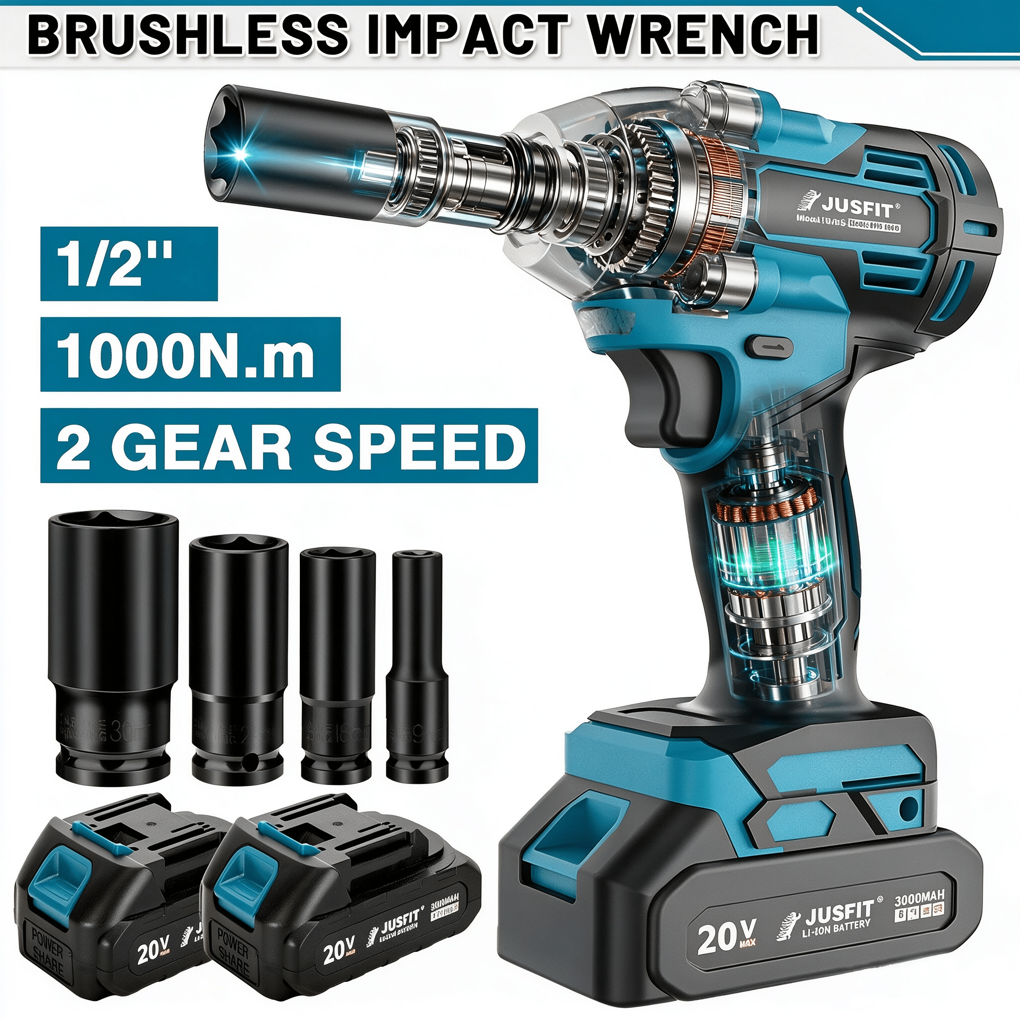 TEMU 20v 1000n.m Brushless Cordless Impact Wrench Kit, 1/2" Drive, 2-speed, Led Light, 2 Large Capacity Batteries + 4 Sockets, Heavy-duty High Torque
