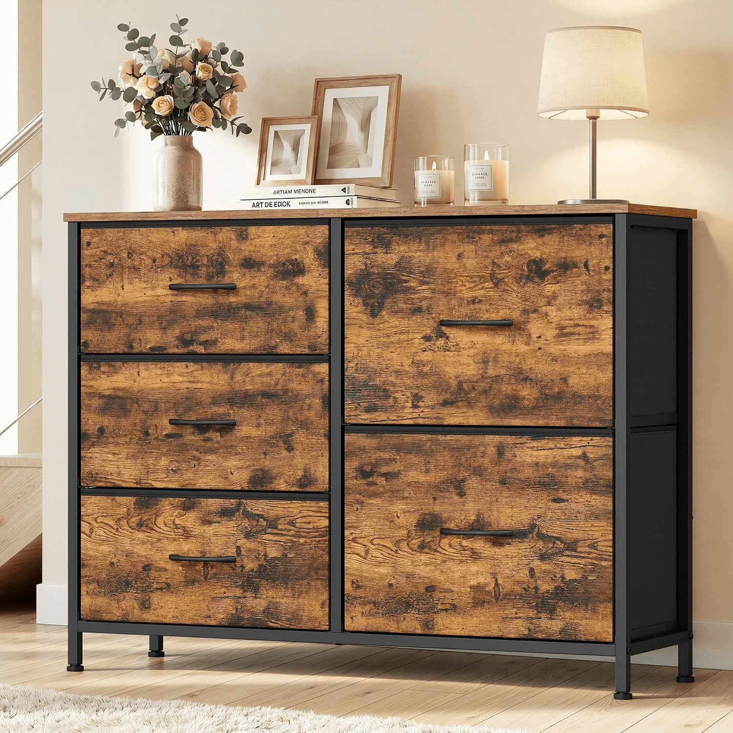 Chest Of Drawers, 5 Fabric Drawers Storage Unit, Sturdy , Wooden Top, 98.7 X 30 X 62.1 Cm, For Bedroom, Closet, Hallway, Living Room