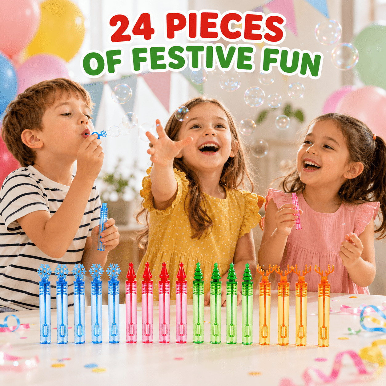 TEMU 24 Pack Mini Christmas Bubble Tubes, 4ml Ready-filled Bubble Wands With 4 Festive Toppers, 10.5cm Kids Party Bag Fillers, Stocking Fillers,