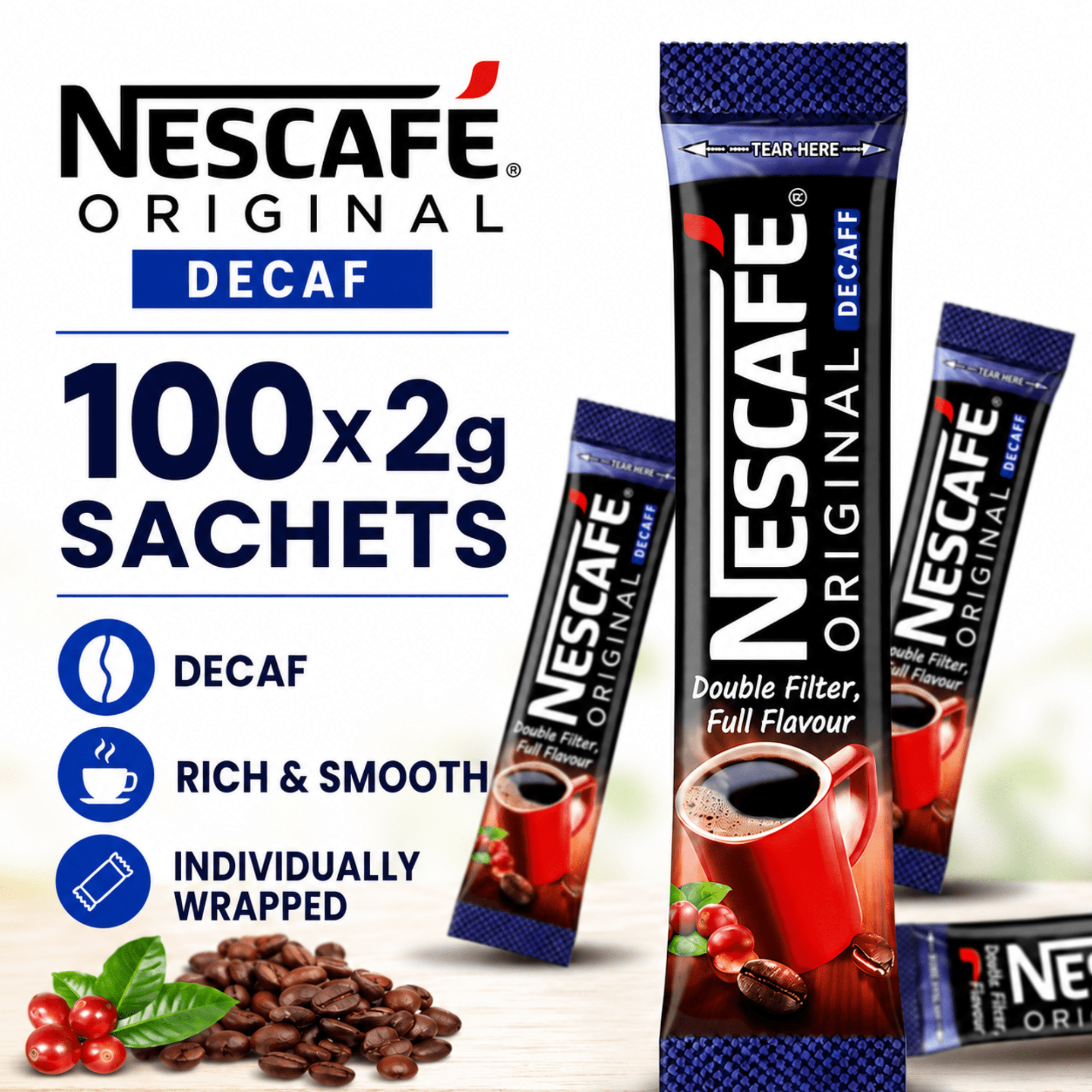 TEMU Nescafe Original Decaf Instant Coffee Stick Sachets – Pack Of 100 X 1.2g One-cup Servings, Caffeine-free Coffee For Workplaces & Hospitality