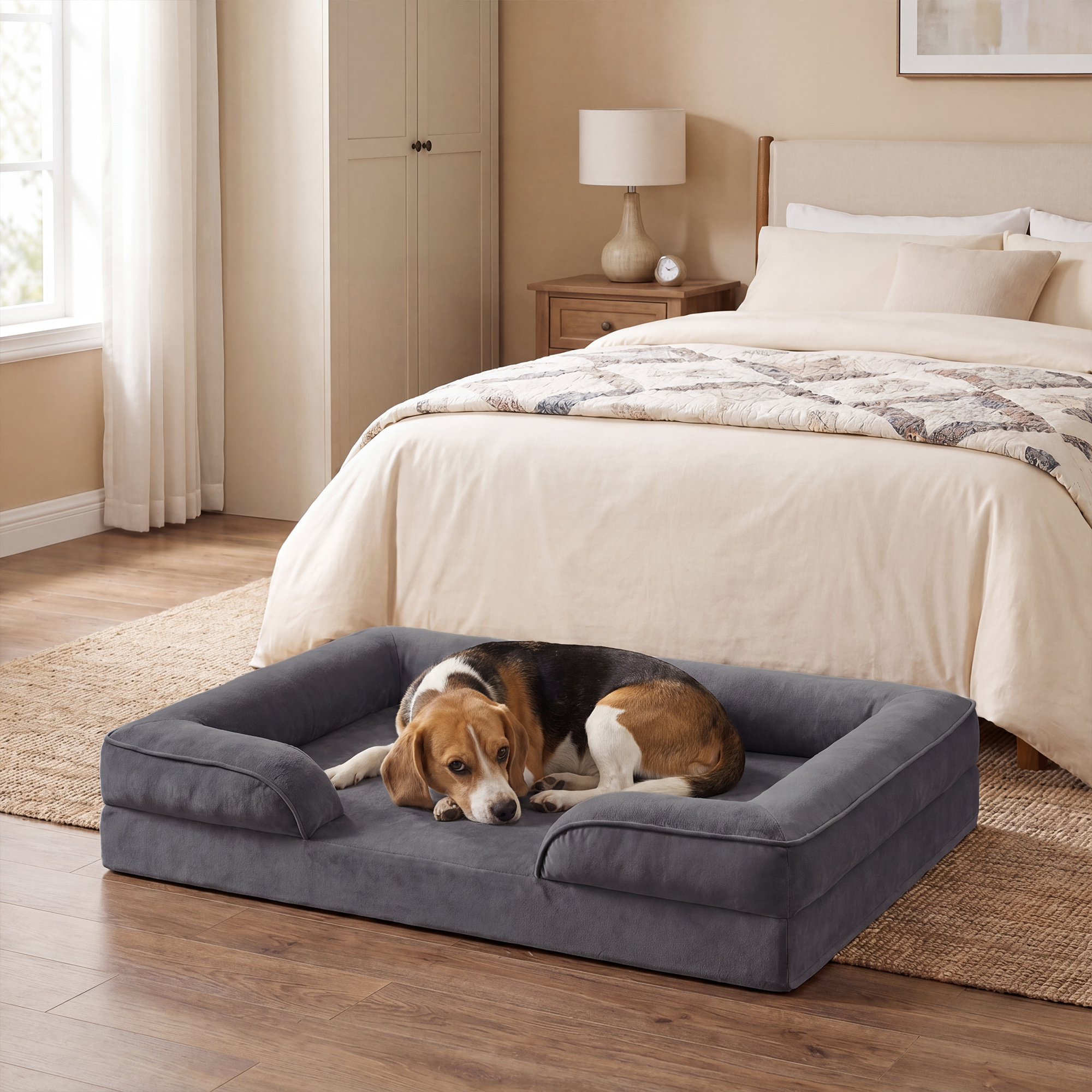 Image of Orthopedic Dog Bed M, Removable Cover, Elevated Edges, Non-slip, Washable, Pet Bed, Dark Grey